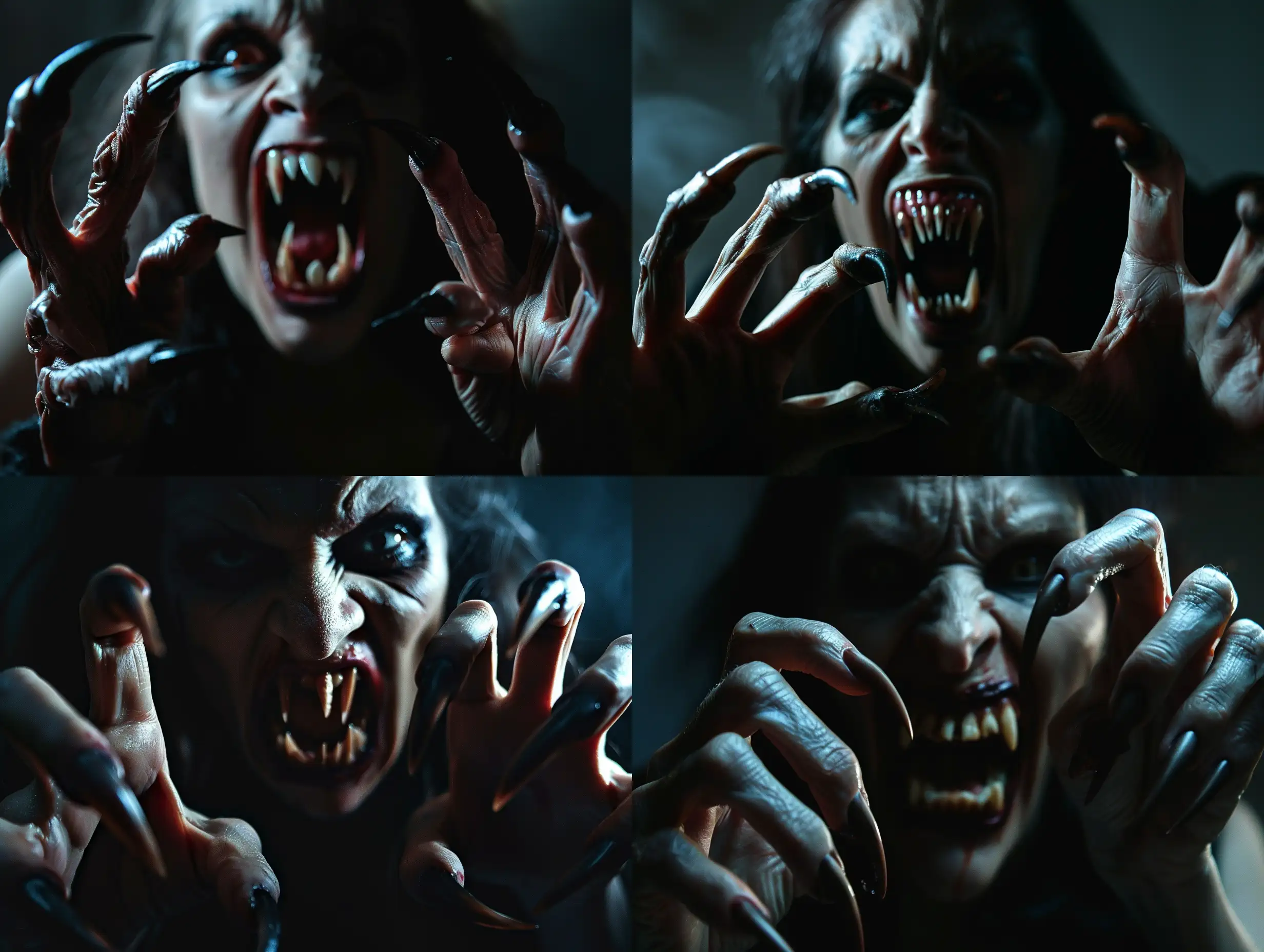 Subject: The main subject of the image is a wild and ugly vampire woman, depicted in a photorealistic style. She has extra long pointed fingernails resembling claws, and her mouth is open with fang-like teeth, giving her a threatening appearance.
Setting: The scene is set inside a dark room, adding to the eerie atmosphere. The darkness enhances the horror element and creates a cinematic feel.
Style/Coloring: The image is hyper-realistic with high detail and photo detailing, contributing to the photorealistic quality. The coloring is dark and haunting, with atmospheric lighting intensifying the creepy vibe.
Action/Items: The vampire woman appears to have just emerged from the darkness, adding a sense of suspense and fear. Her posture and expression convey aggression and terror.
Costume/Appearance: The vampire's appearance is grotesque and terrifying, with detailed nails and realistic anatomy, including five fingers on each hand. Her undead look suggests that she has climbed out of a grave.
Accessories: The vampire's only accessories are her long, pointed fingernails, which resemble the claws of a predator, enhancing her menacing appearance.