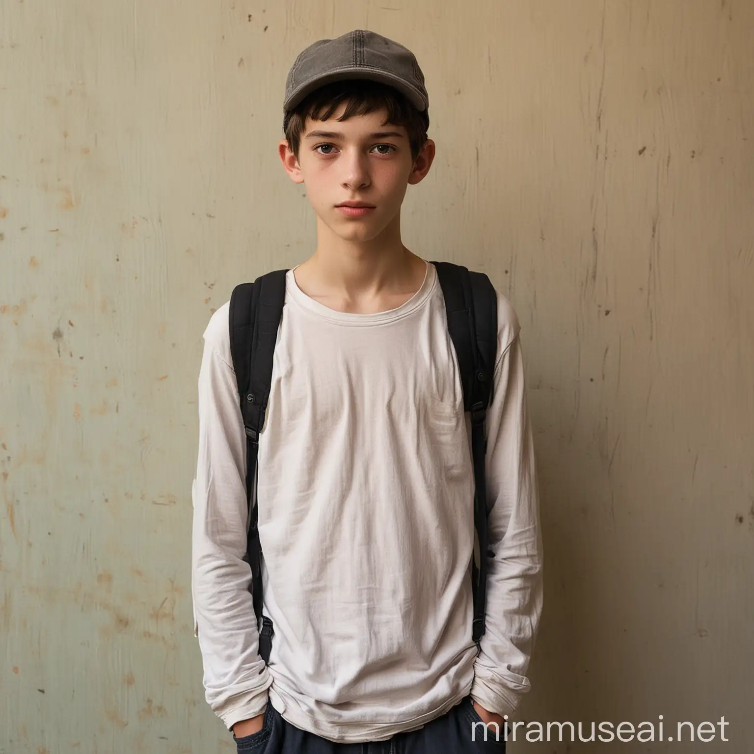 Jeune adolescent homme de 15 ans maigrelet, petit, porte une casquette, peau blanche, aime le cinéma, influencable et obéissant, porte des vêtements élimés