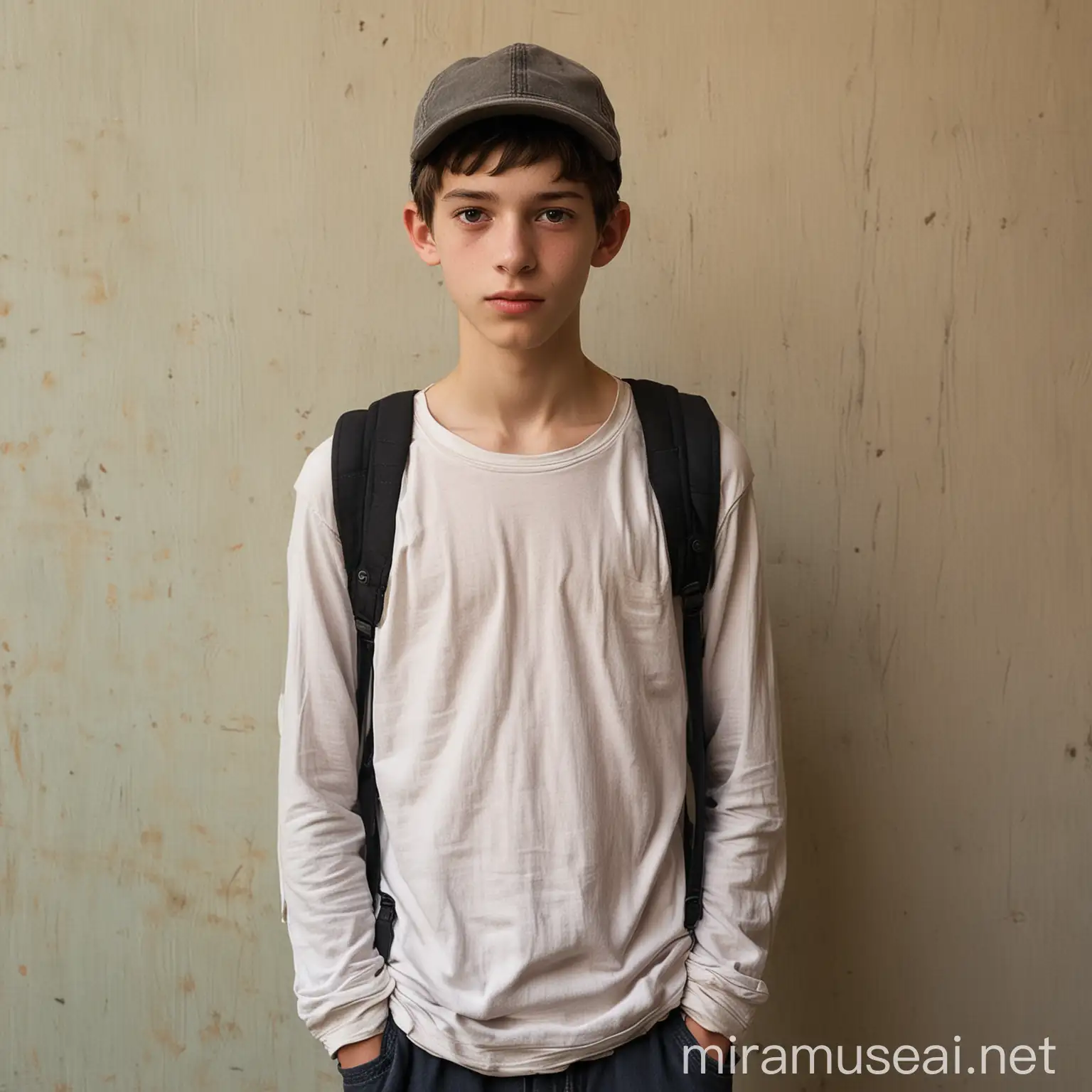 Impressionable Teenage Boy in Wornout Clothes and Cap at the Cinema