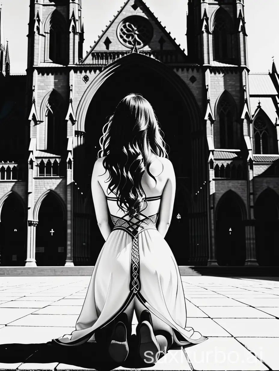 Dahut a celtic woman on her knees, seeing he back, in front of a cathedral. black line drawing style