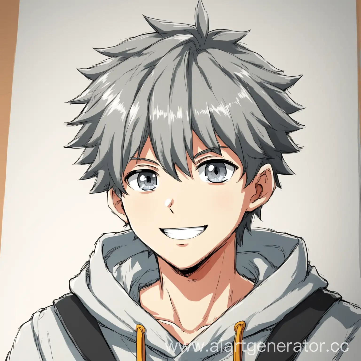 нарисуй жизнерадостного героя парня 16 ти лет в стиле аниме с серыми глазами