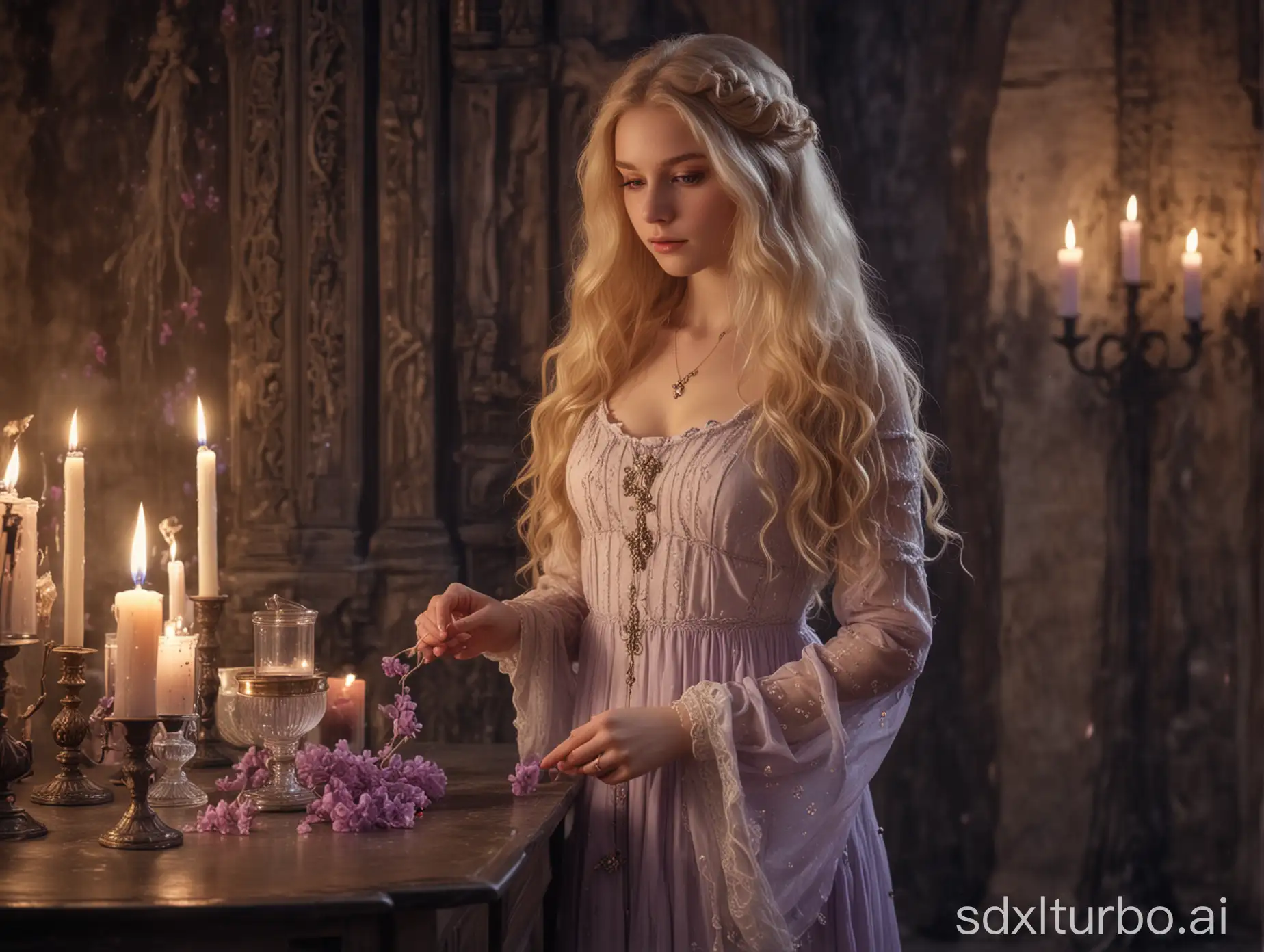 Mystical-Blonde-Girl-Admiring-Lilac-Water-in-Medieval-Setting