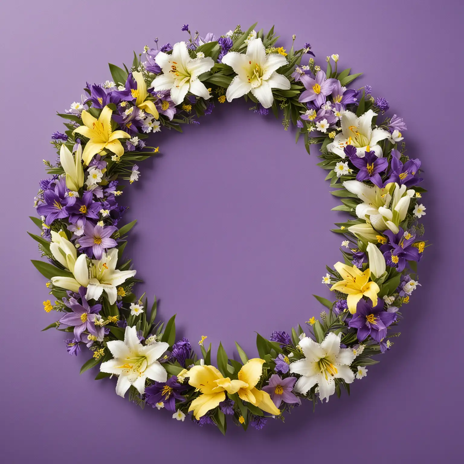 Easter Card  horizontal shape with floral wreath - flowers to be purple, yellow and white include small lily flowers.  Floral wreath to have a purple ribbon tied