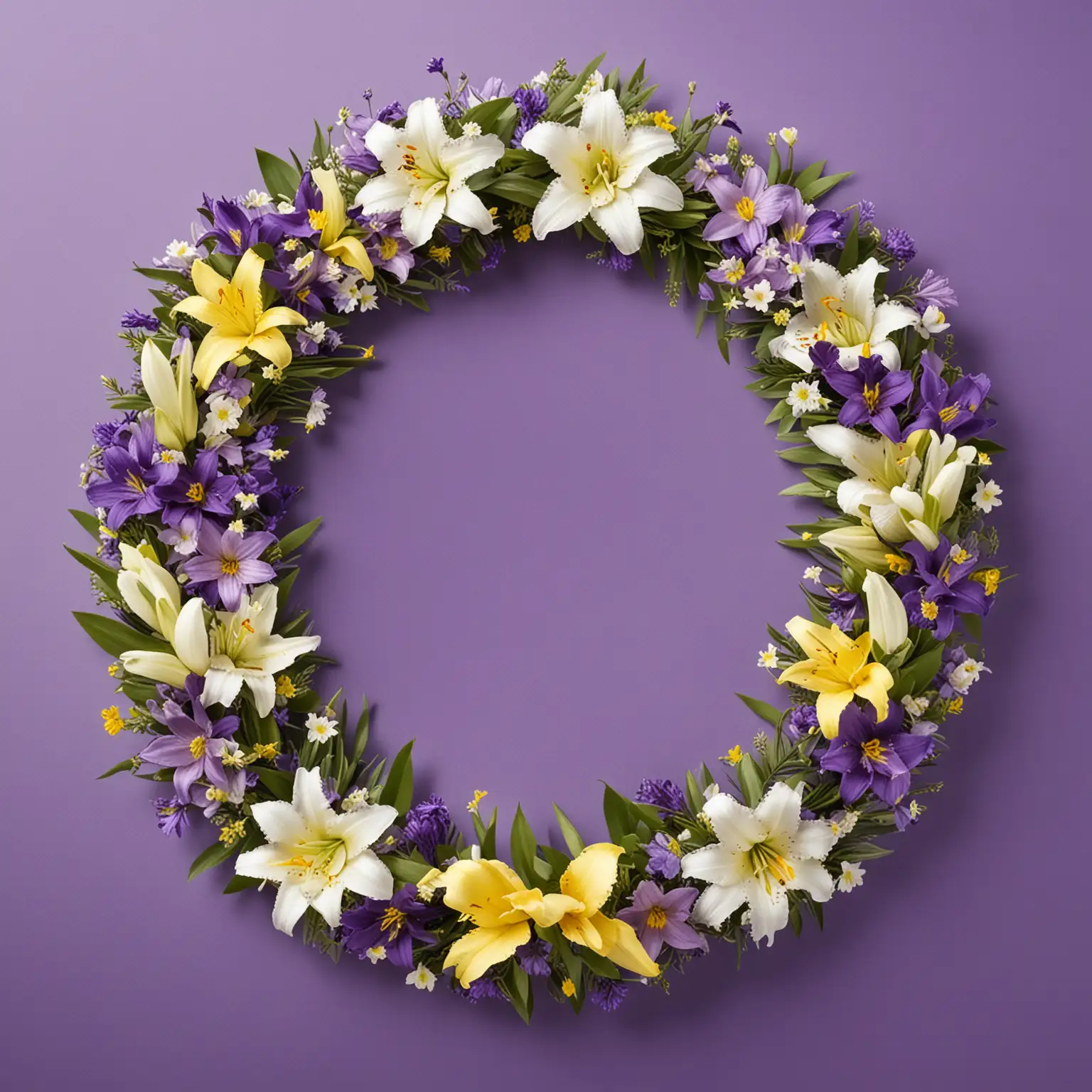 Easter Card  horizontal shape with floral wreath - flowers to be purple, yellow and white include small lily flowers. 
Floral wreath to have a purple ribbon tied