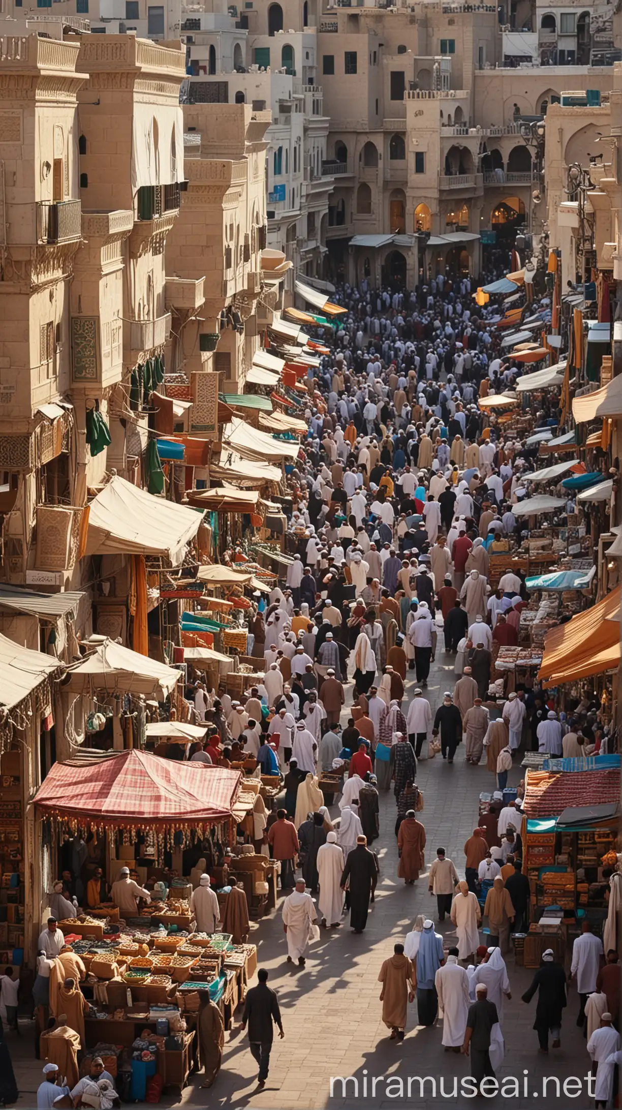In the bustling marketplace of Medina: A vibrant scene unfolds as people bustle about, engaged in various activities such as trading, conversing, and bargaining.
 islamic tradition HD and 4K