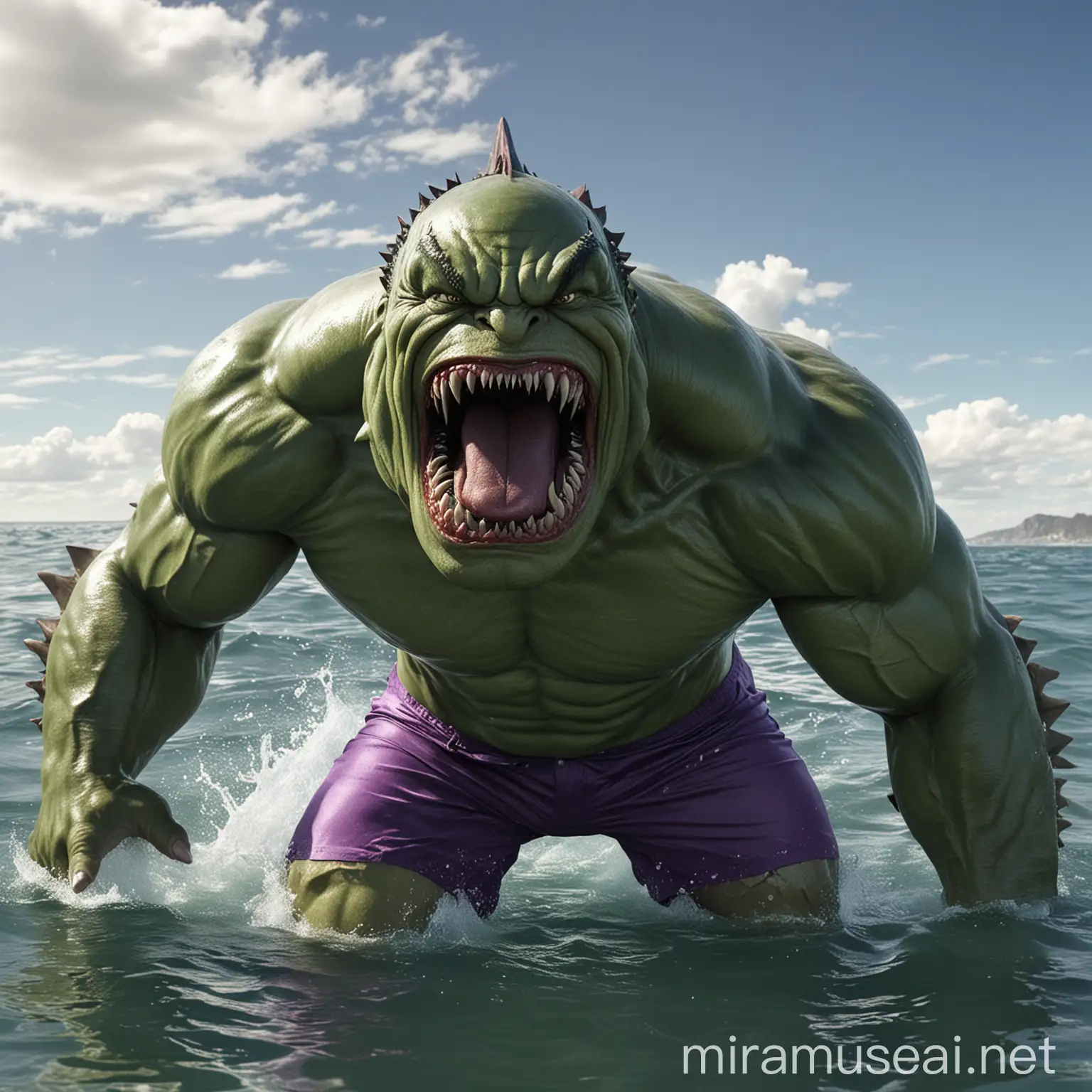 Muscular Hulk Transformation into Shark in Ocean