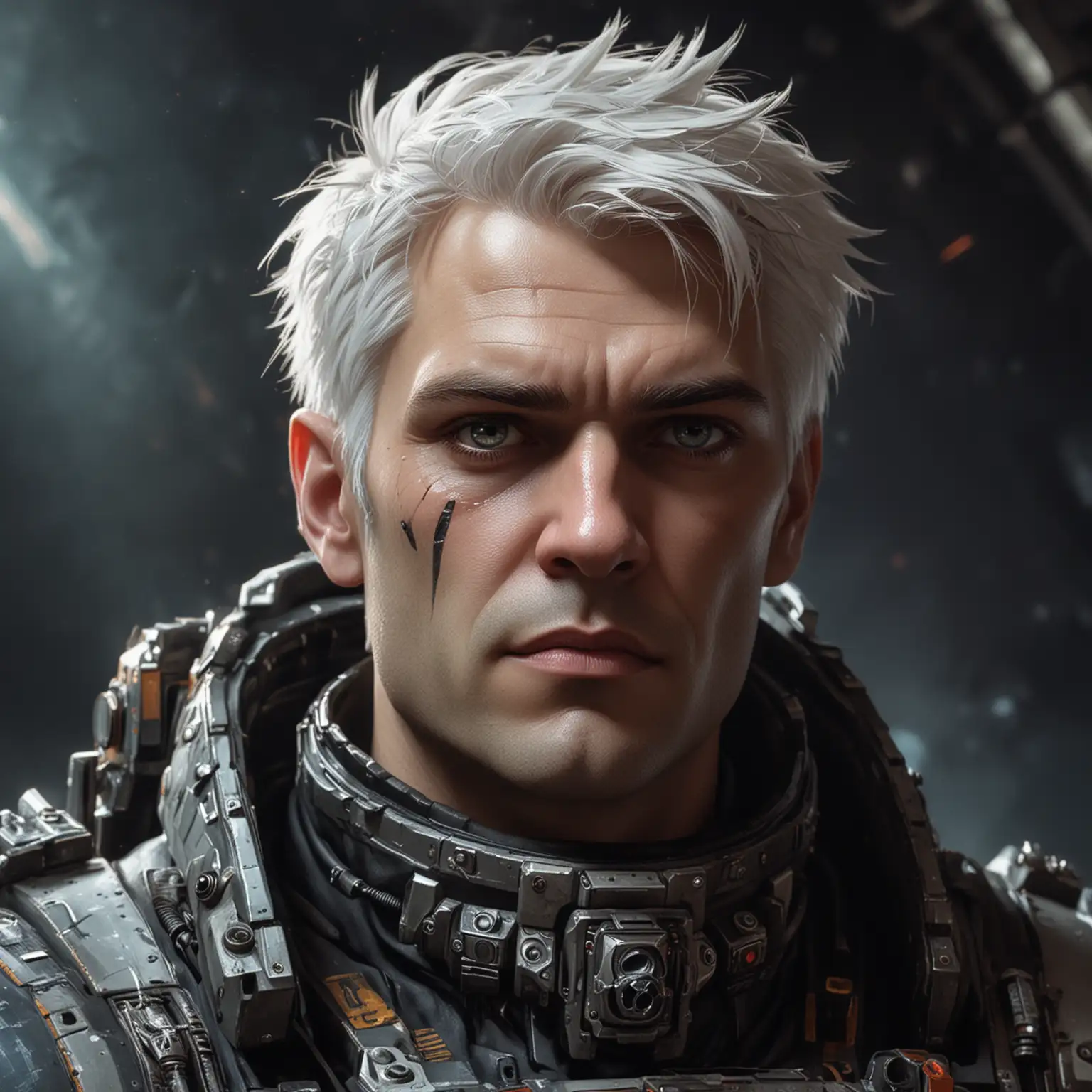 Sci-fi painted art style close up portrait of a male spaceship pilot in the gothic warhammer 40K universe. He has a fanatical gleam to his eyes and rugged angular features. White hair.