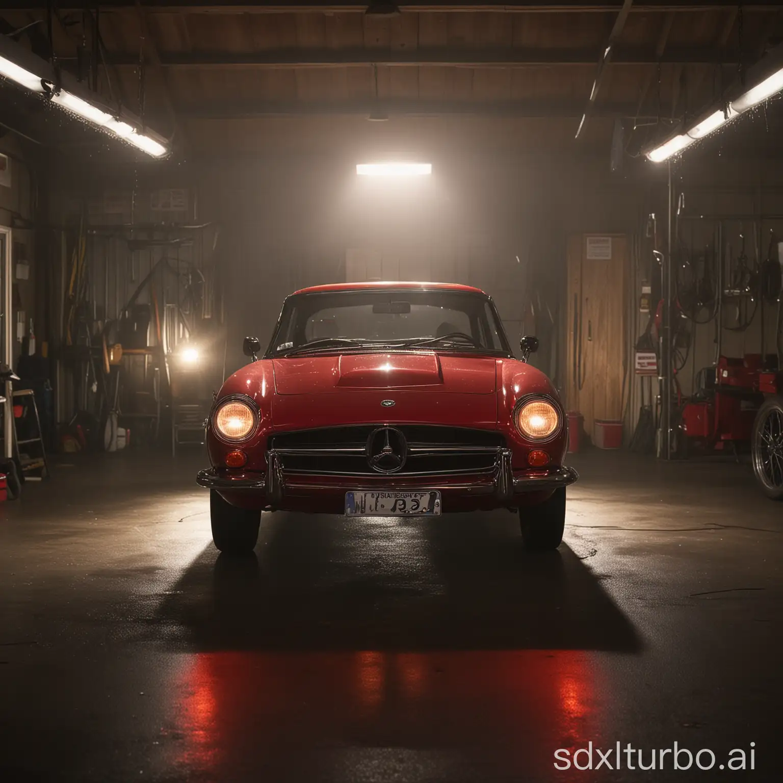 A shiny red car parked in a dimly lit garage. The car is the center of attention, with the light shining down on it.