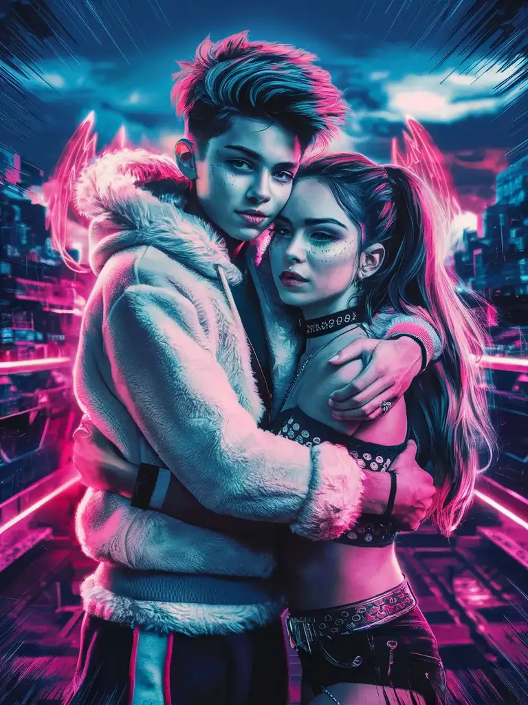 Siren-Teenage-Couple-Embracing-in-Edgy-Cyberpunk-Scene