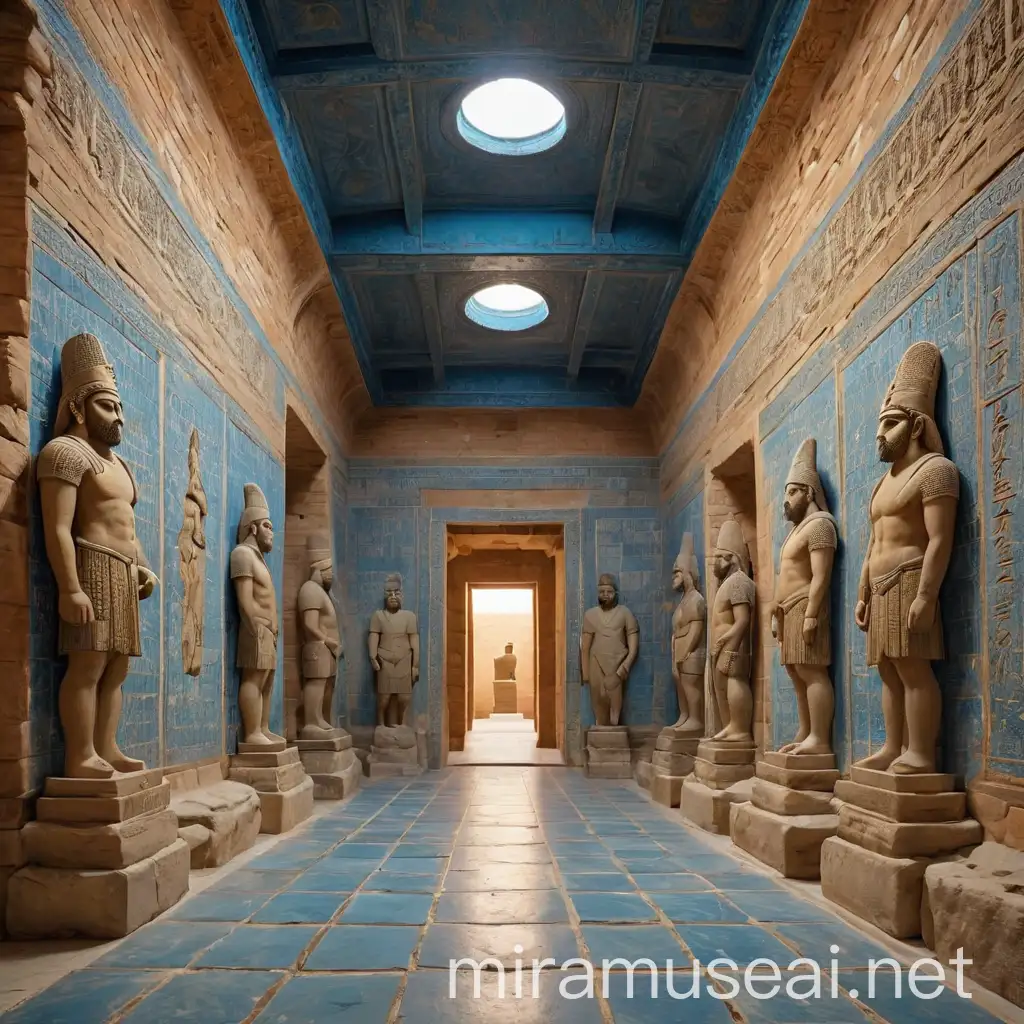 interior, night, square show hall,people standing in the hall, Achaemenid style , Achaemenid soldiee statues, perspolis palace architecture, Achaemenid engraving on the wall, Embossed wall carvings, orange brick wall material, blue and white floor tile, Statue of King in the middle, persian architecture, Achaemenid statues in the middle, closed ceiling, stone column head around the place, 