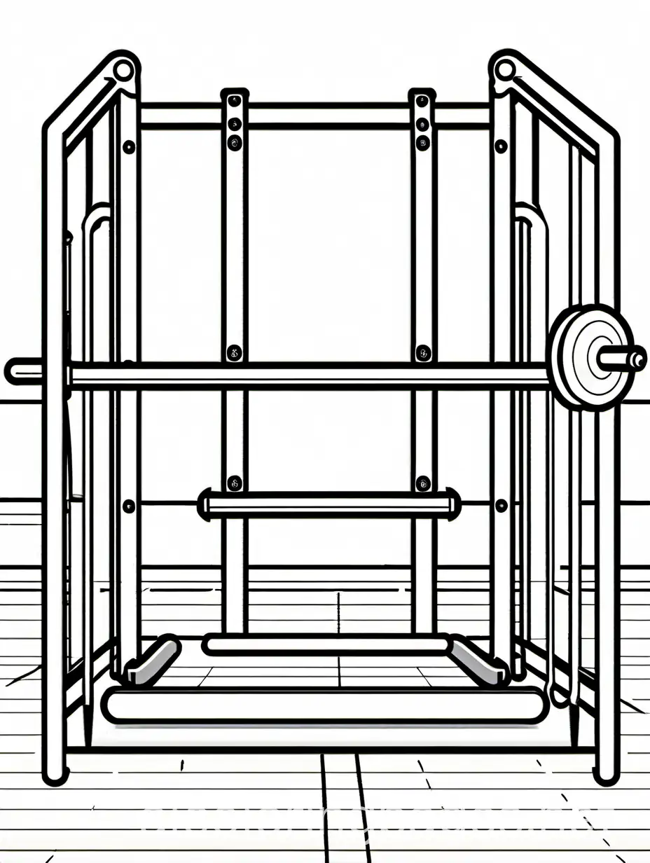 gym equipment , Coloring Page, black and white, line art, white background, Simplicity, Ample White Space. The background of the coloring page is plain white to make it easy for young children to color within the lines. The outlines of all the subjects are easy to distinguish, making it simple for kids to color without too much difficulty