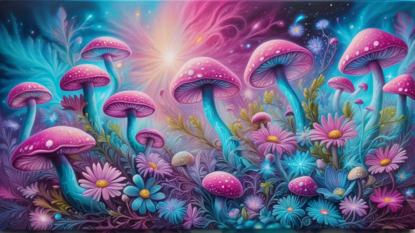 textured oil painting of abstract art of florescent colors of turquoise-neon and pinks and silver and golden-whites in pink dust and a magical magenta mushrooms and asters glowing with luminescent  green vines among blue and purple galaxies and small-pink-oak leaves with bright turquoise