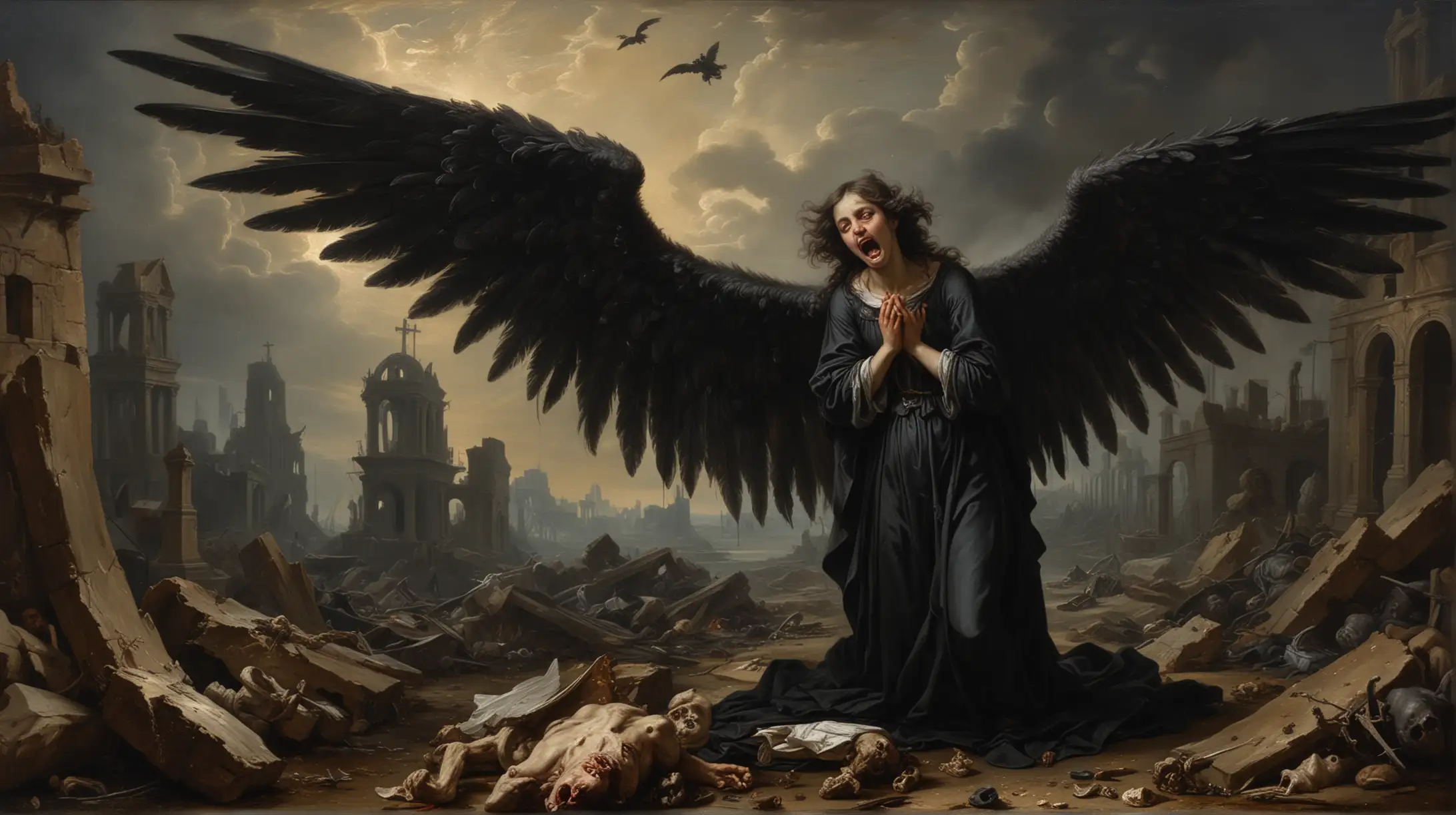 Distraught Black Angel with Spread Wings and Corpses in Ruined Landscape