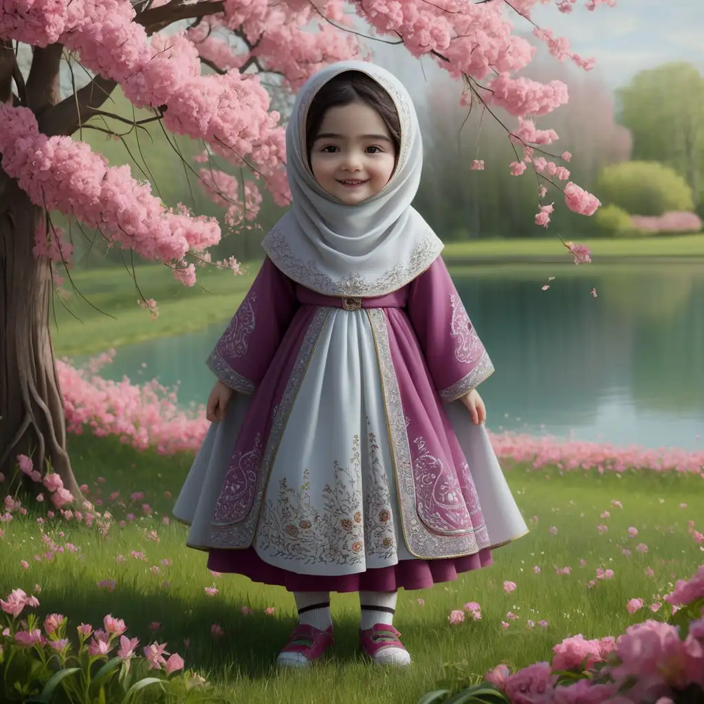 Persian little girl(full height, Muslim, with emphasis no hair nor neck out of veil(Hijab), white skin, cute, smiling, wearing socks, proudly, clothes full of Persian designs).
Atmosphere full of many pink flowers, lake, spring.