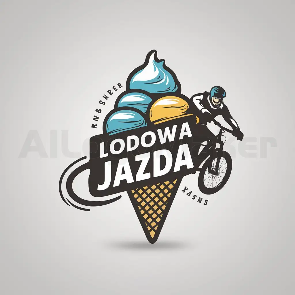 a logo design,with the text "Lodowa Jazda", main symbol:main symbol should be a ice cream cone with 3 scoops of ice cream, additionally there should be a man on a mountain bike driving around the cone,Moderate,be used in Restaurant industry,clear background