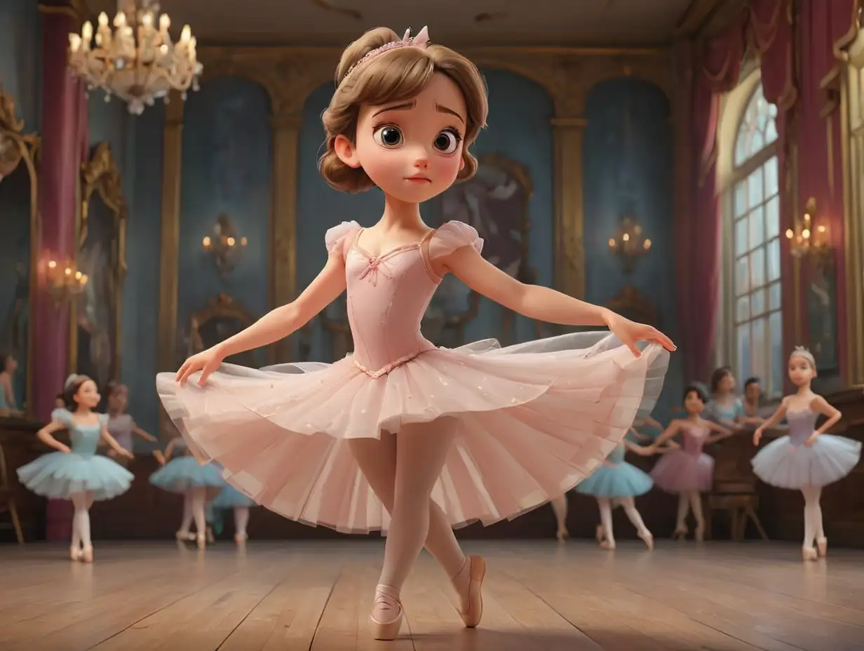 poor young girl, she wanted to become a ballerina, background opera dance hall, medium shot,  3d disney inspire