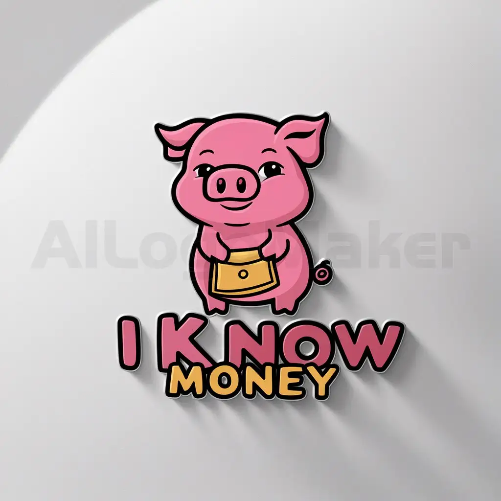 a logo design,with the text "I Know Money", main symbol:pink cartoon pig with Gold purse, Style: Fun,Moderate,clear background