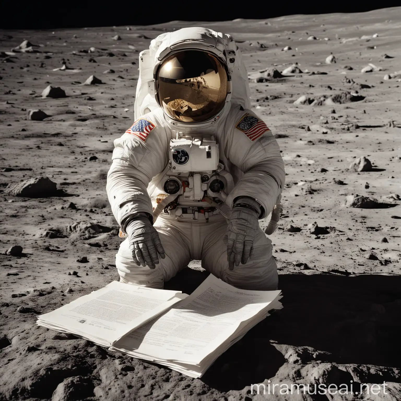 An astronaut is sitting on the moon with documents in his hands