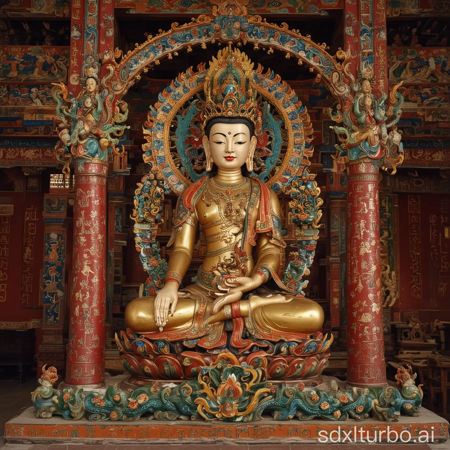 Manjusri-Bodhisattva-Statue-in-Main-Hall-of-Chinese-Temple