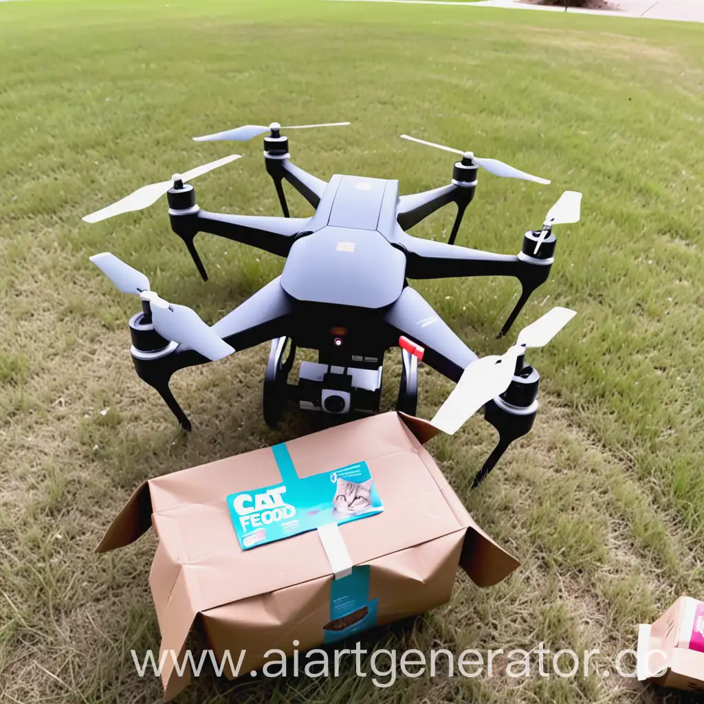 Cat-Watches-Drone-Delivering-Package-of-Cat-Food