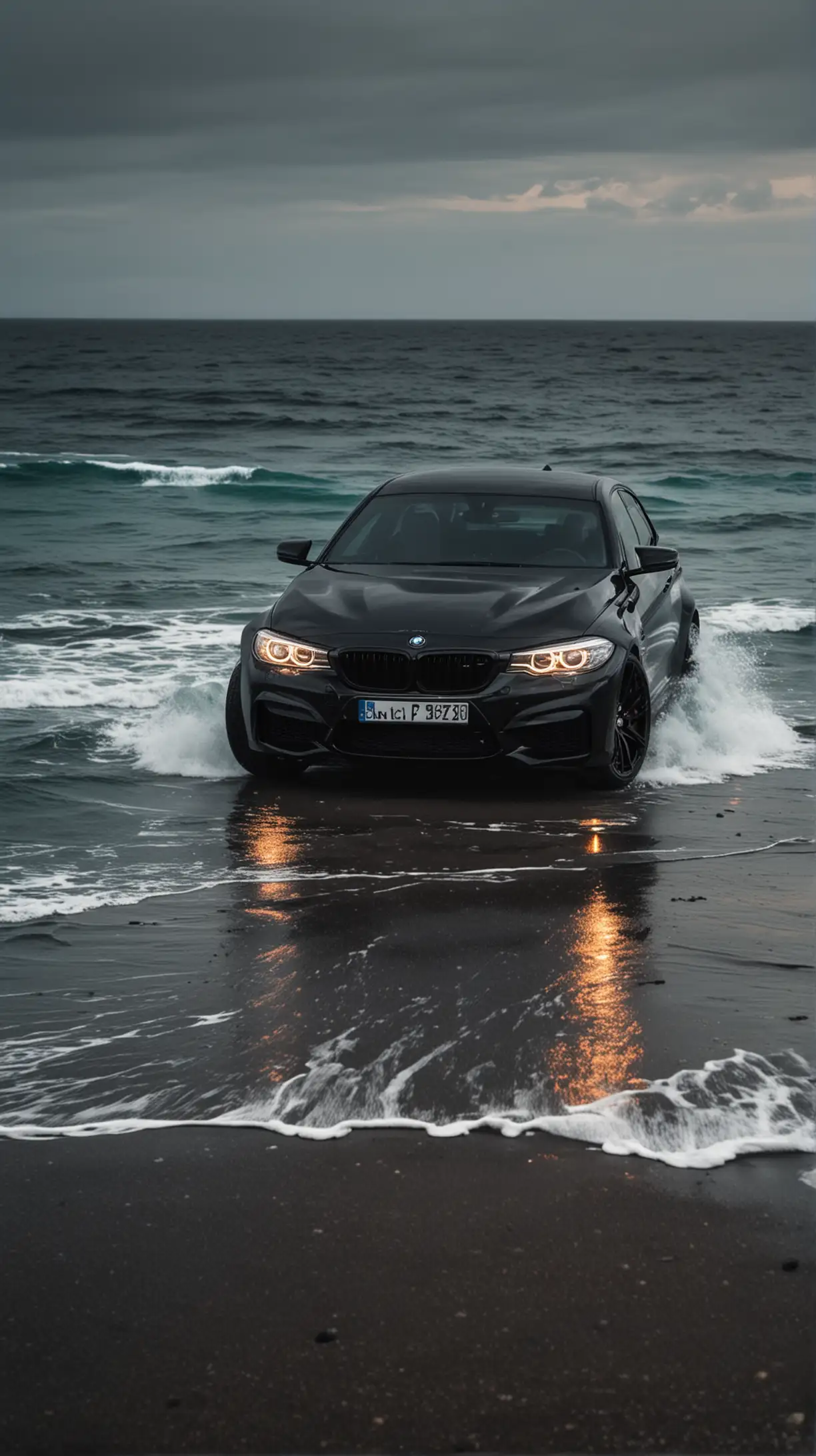 Sleek Black BMW with Illuminated Headlights Against Ocean Backdrop