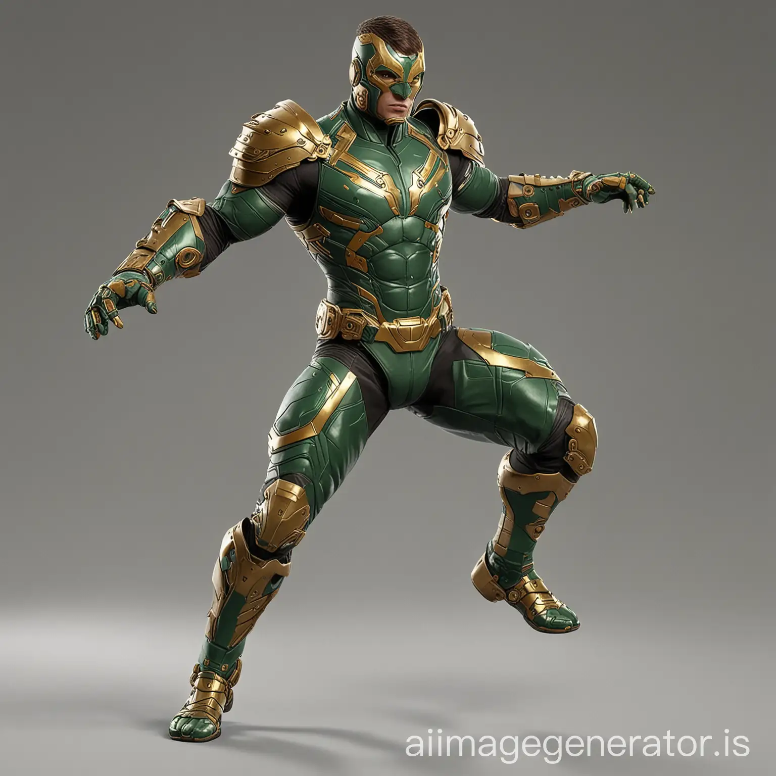 COMBAT POSE ENERGY BANDS 6,4 FT, MUSCULAR_THIN MALE _SUPERHERO_WITH_ ARMOR GREEN OPEN  BROWN HAIR VIEW FACEMASK GREEN, HARNESS_AND_BRACELET,REALISTIC  GOLD FOREARM GREEN SUIT _HI_TECH_ARMOUR SUIT_WITH_ARMS_OUT_CAMELEON COLOR__3___1 POSE IN ACTION, COMBAT POSE, 