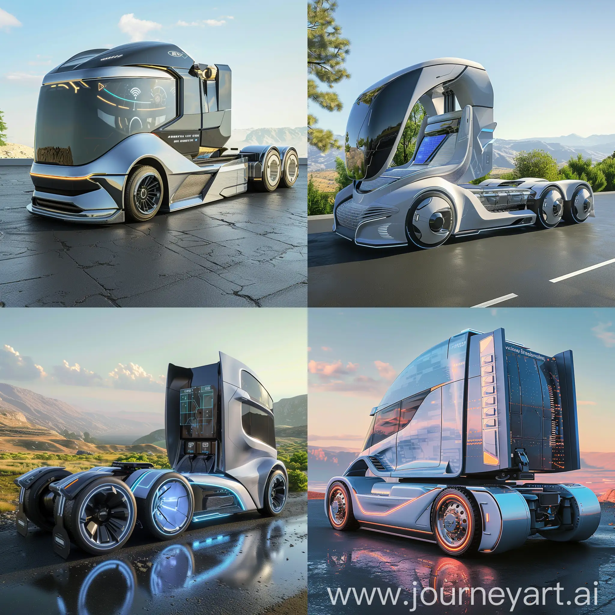 Futuristic truck, in futuristic style, Autonomous Driving Systems, Electric Powertrain, Integrated Connectivity, Advanced Driver Assistance Systems (ADAS), Smart Cabin Design, Augmented Reality Displays, Predictive Maintenance Systems, Energy Recapture Systems, Advanced Materials, Cybersecurity Measures, Vehicle-to-Everything (V2X) Communication, Advanced Aerodynamics, Telescopic Trailer Hitch, Augmented Reality Exterior Displays, Solar Panels, Dynamic Lighting Systems, Active Suspension Systems, Remote Control and Monitoring, Advanced Collision Avoidance Systems, Integrated Cargo Management Systems, Carbon Fiber Components, Aluminum Alloy Engine Blocks, Advanced Lightweight Seat Materials, Plastic Composite Cabin Interiors, Thin-Film Solar Roof, Hollow-Core Components, Foam Core Insulation, Magnesium Alloy Wheels, Thin-Film Display Technology, Advanced Lightweight Fasteners, Carbon Fiber Body Panels, Aluminum Alloy Frame, Composite Trailer Construction, Aerodynamic Fairings and Skirts, Retractable Wind Deflectors, Lightweight Suspension Components, Carbon Fiber Reinforced Wheels, Integrated Solar Panels, Thin-Film Coatings, Advanced LED Lighting, unreal engine --stylize 1000