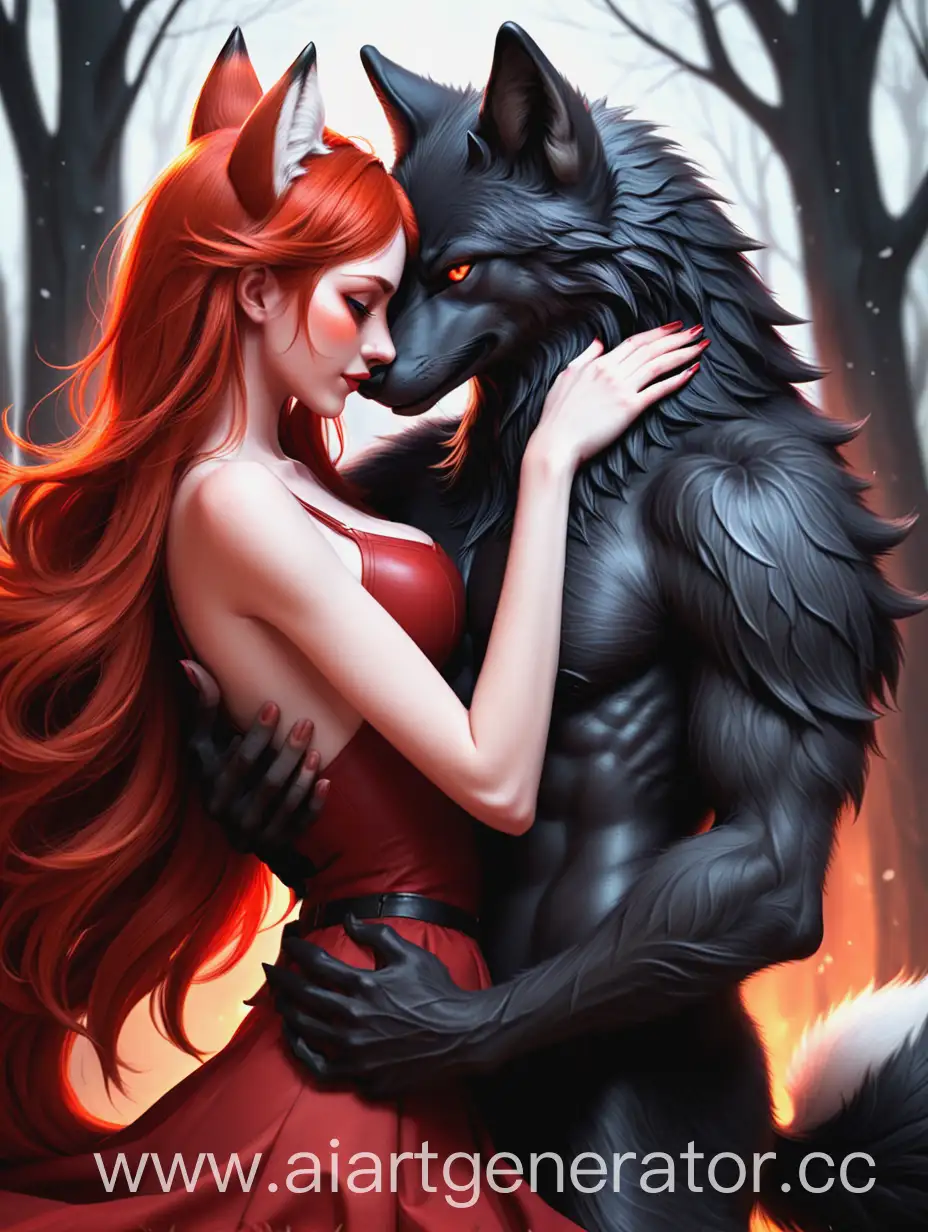 Affectionate-Embrace-of-Black-Wolf-and-RedHaired-Fox-Girl
