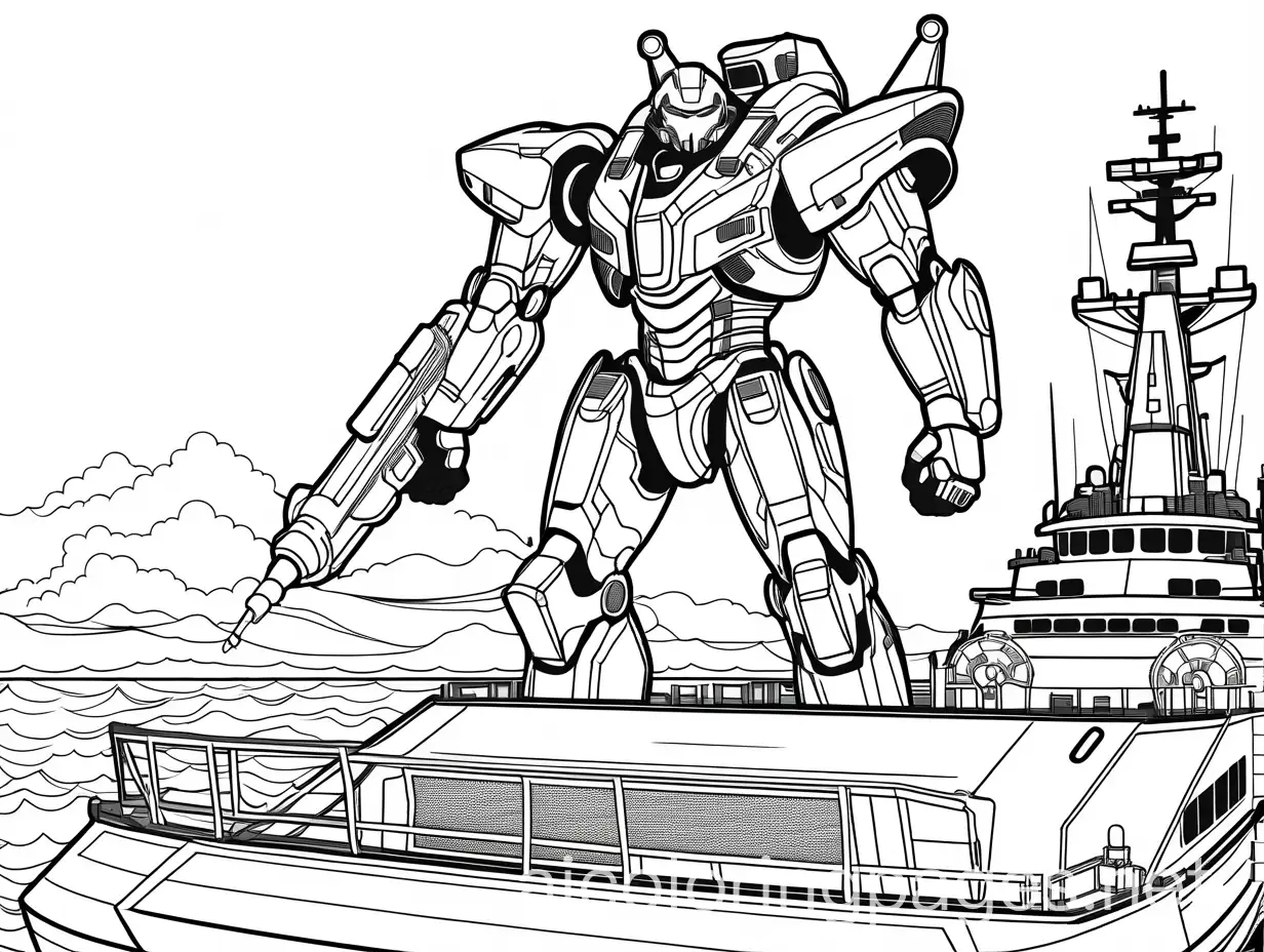 pacific rim armored soldier, standing on a destroyer class ship, black and white, line art, white background, ample white space to make it easy to color within the lines, simple for kids to color without difficulty, simplicity, Coloring Page, black and white, line art, white background, Simplicity, Ample White Space. The background of the coloring page is plain white to make it easy for young children to color within the lines. The outlines of all the subjects are easy to distinguish, making it simple for kids to color without too much difficulty