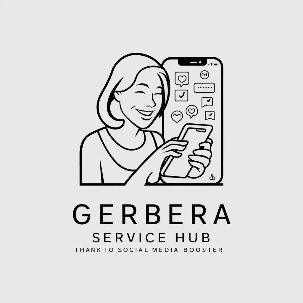 a logo design,with the text "Gerbera Service Hub", main symbol:A woman using social media and likes and followers and commments and she is happy because her channel is growing up because of social media booster,Minimalistic,be used in Entertainment industry,clear background