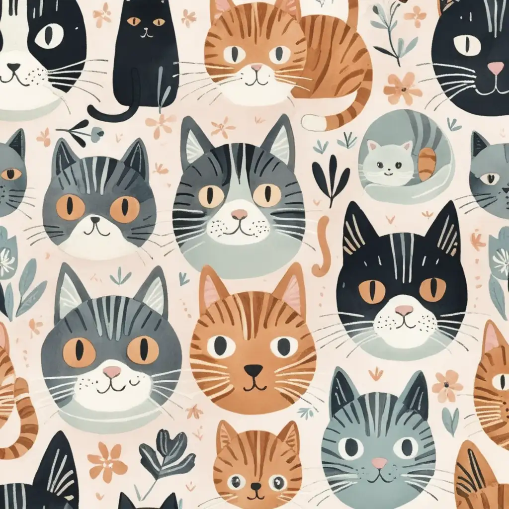 Whimsical Cat Themed Print in Vibrant Colors