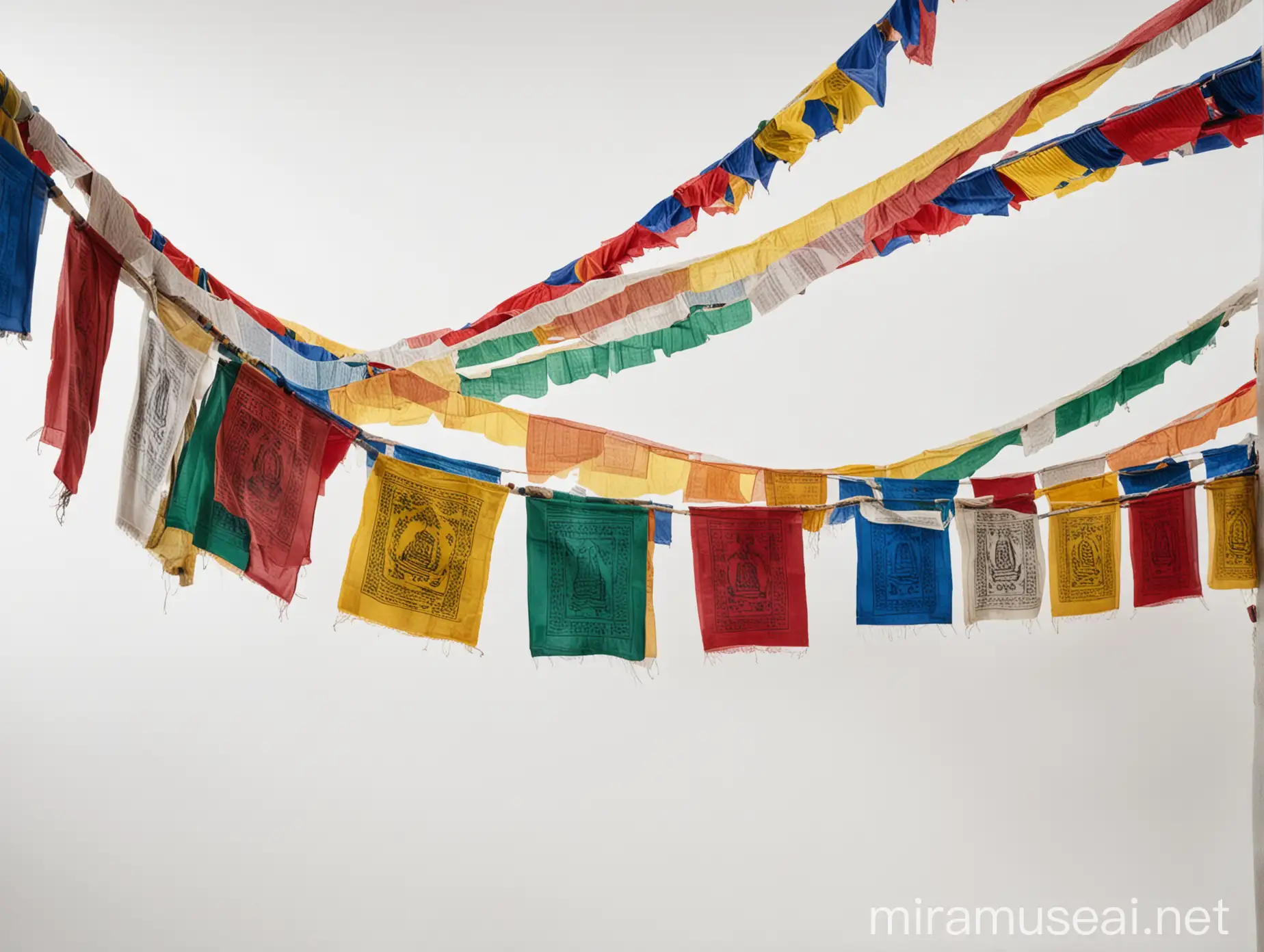 Colorful Tibetan Prayer Flags Fluttering Against White Background