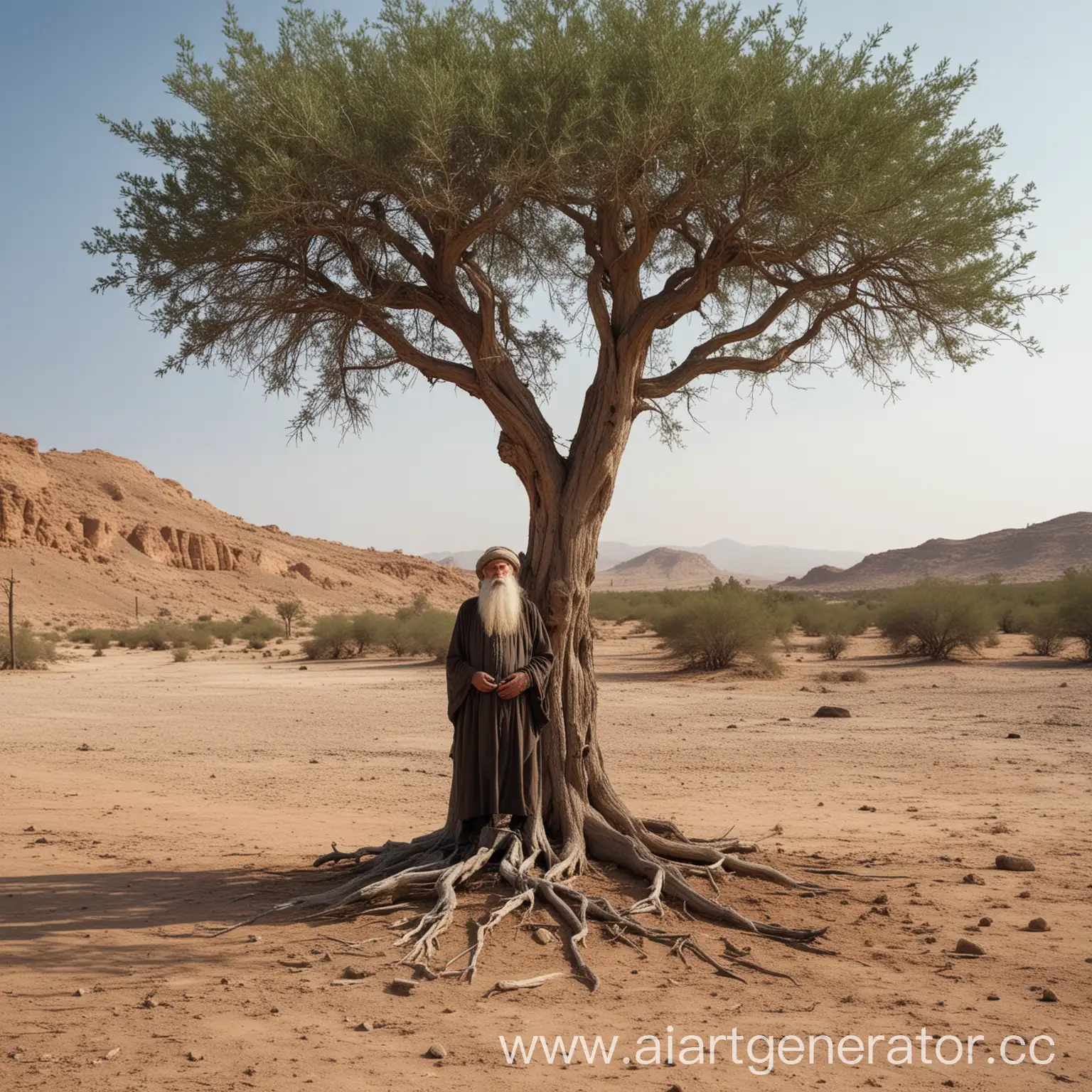 Solitary-Tree-in-Arid-Desert-with-Elderly-Grandfather-Gazing-Sadly