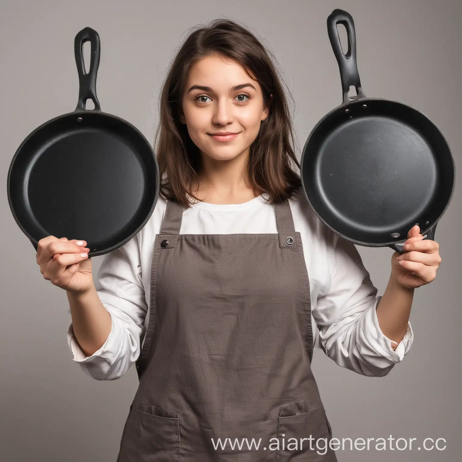 girl with 2 frying pans in her hands