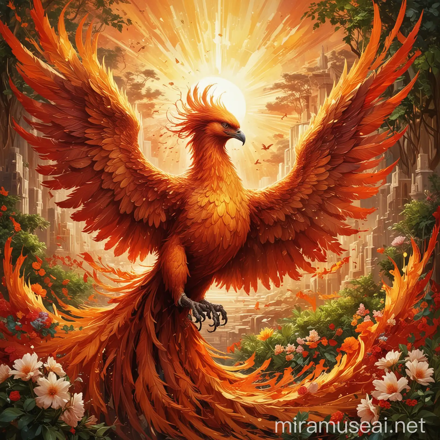 /imagine A majestic phoenix rising triumphantly from its ashes, symbolizing transformation and hope. The phoenix is depicted in vibrant warm colors such as red, orange, and gold, representing fire and energy. It is breaking free from shattered chains that symbolize addiction, with pieces of the chains falling away. Its feathers transition from dark, shadowy hues (symbolizing the darkness of addiction) to bright, radiant colors (symbolizing freedom and new life). In the background, a bright sun is rising, casting golden rays on the phoenix, symbolizing a new dawn and fresh beginnings. Around the phoenix, lush greenery and blooming flowers emerge, symbolizing growth and renewal. The image includes an inspirational text, "Rising from the ashes," in an elegant font. The artwork combines a highly detailed digital painting style with abstract elements, utilizing vibrant colors and shapes to enhance the message of hope and transformation. Emphasize light and shadow to create depth and highlight the phoenix's triumph. --v 5 --ar 16:9 --q 2 --style digital painting --style abstract --light and shadow --hopeful --transformative --motivational