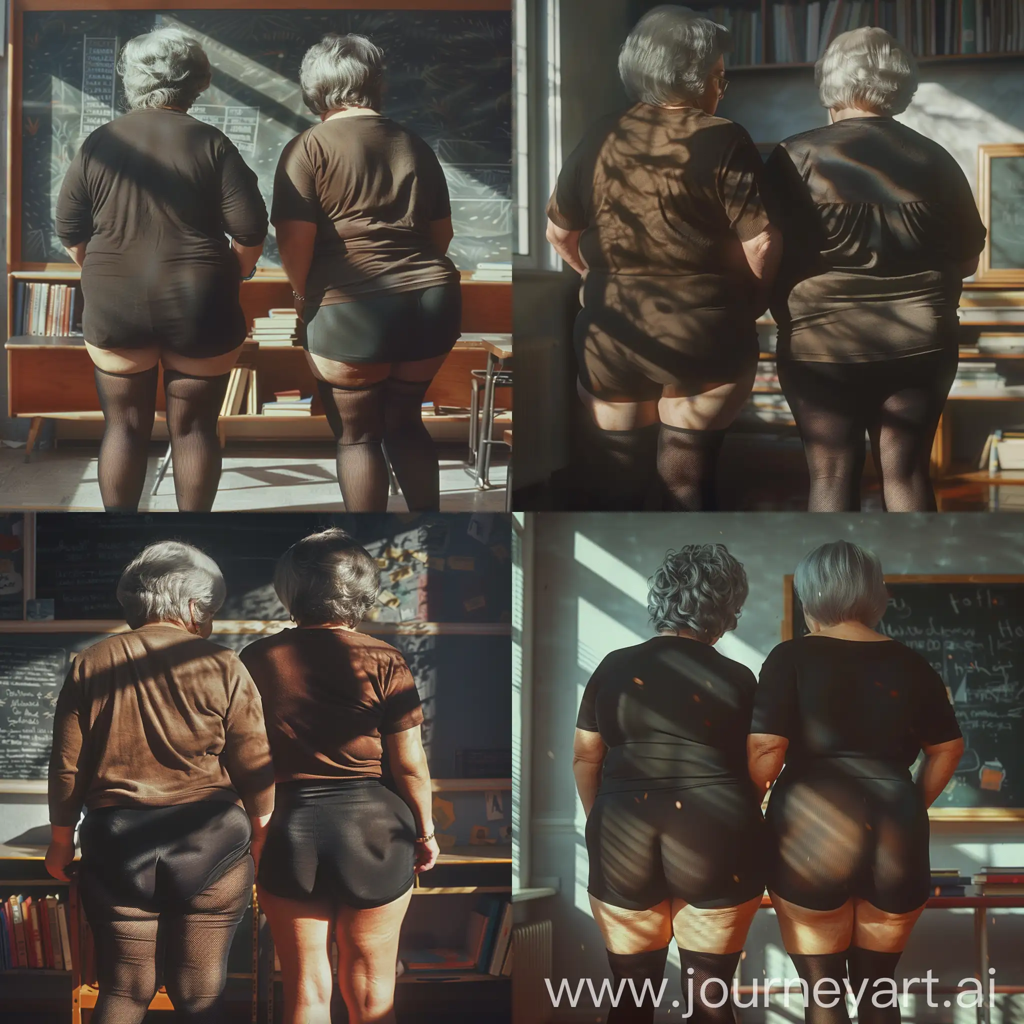 Retro 1970s frame, realism, high quality details. A shot from a real movie. Two extremely fat 50-year-old women stand in close-up and teach in a classroom, rear view. Short gray hair. Shadows fall everywhere, creating an interesting atmosphere, books and a blackboard. Black nylon tights and a T-shirt.