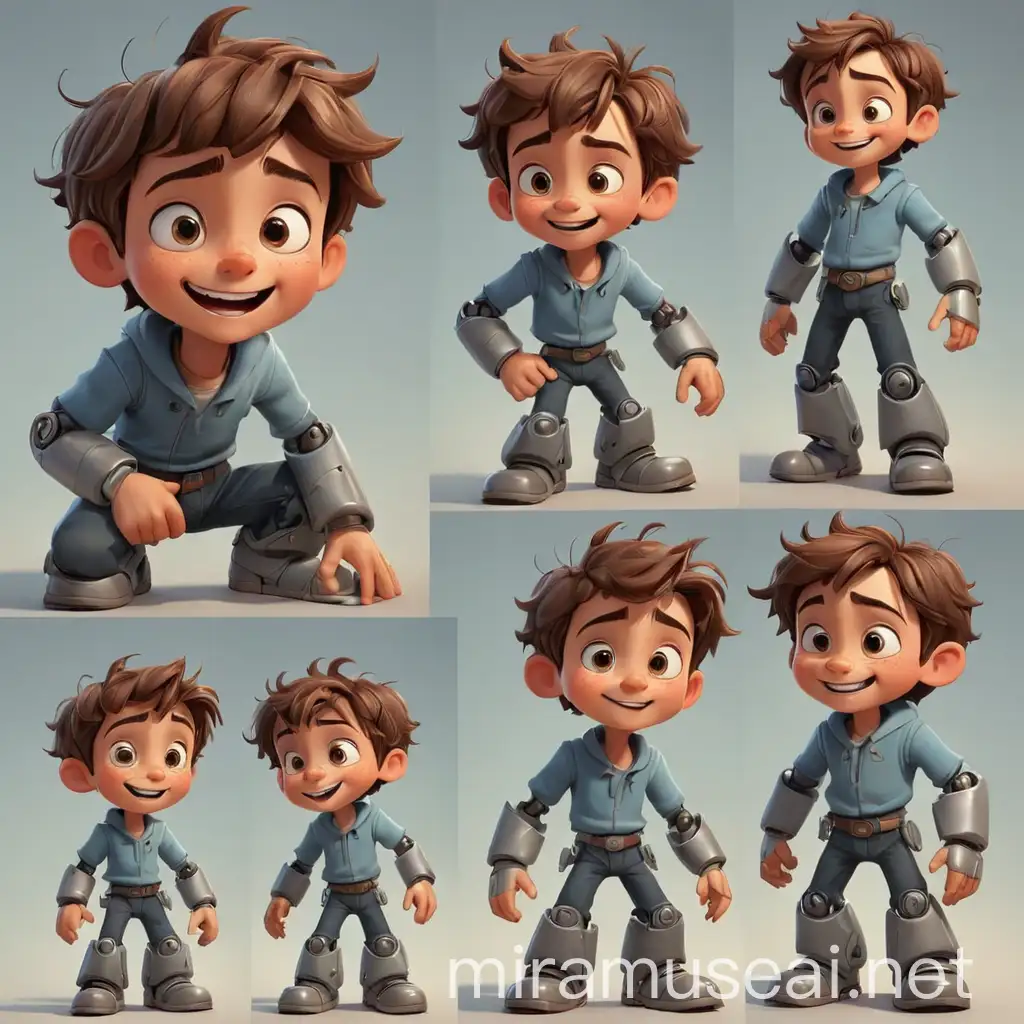 2D cartoon Disney character digital art of happy little boy,  multiple posses, repairs a robot. superb linework, classic 2D Disney style art, close-up, inspired by the art styles of Glen Keane and Aaron Blaise, Disney-style character concept with a Disney-style face, (trending on artstation), Disney-style version of happy little boy, multiple posses, repairs a robot
