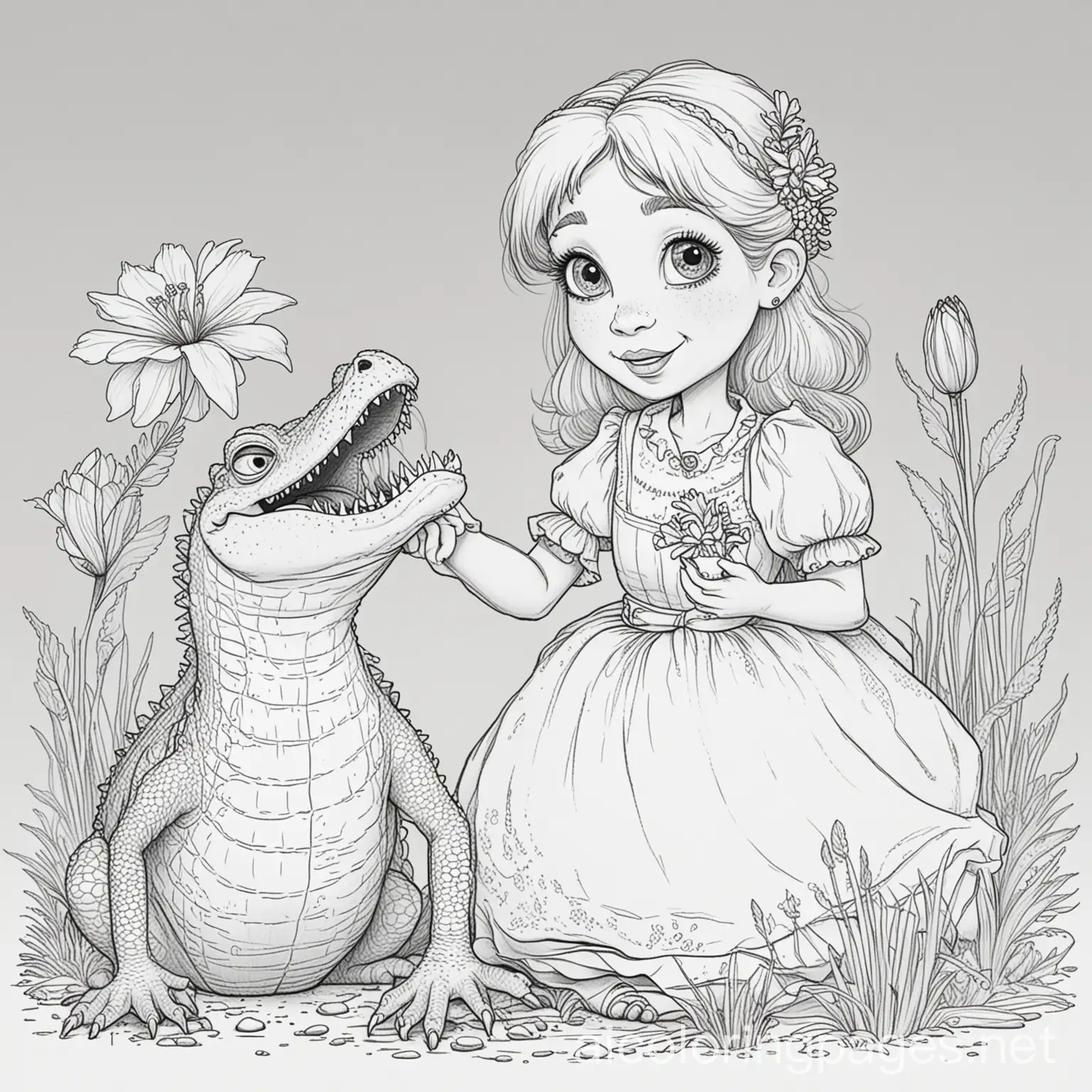 Warty Wilma and her pet alligator, Hocus Crocus, Coloring Page, black and white, line art, white background, Simplicity, Ample White Space. The background of the coloring page is plain white to make it easy for young children to color within the lines. The outlines of all the subjects are easy to distinguish, making it simple for kids to color without too much difficulty