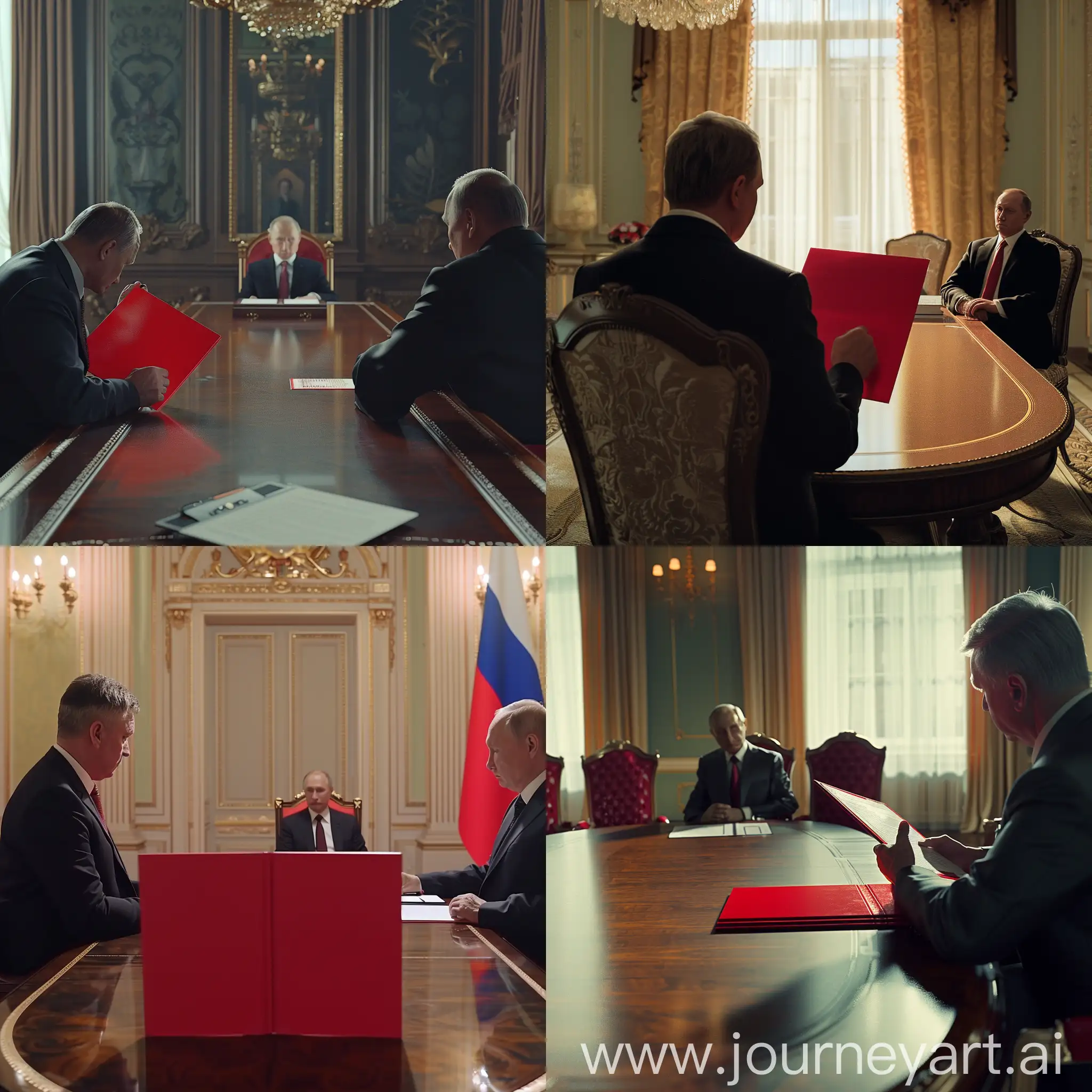 realistic style, cinematic, 4k, high quality, resolution, real, clear details, 40 mm, Russia, a man is sitting at an oval table reading his report from a red folder, the president is sitting at the end of the table, the president is listening to the report, camera view, from the table behind the folder at the president --v 6.0 --style raw --s 250
