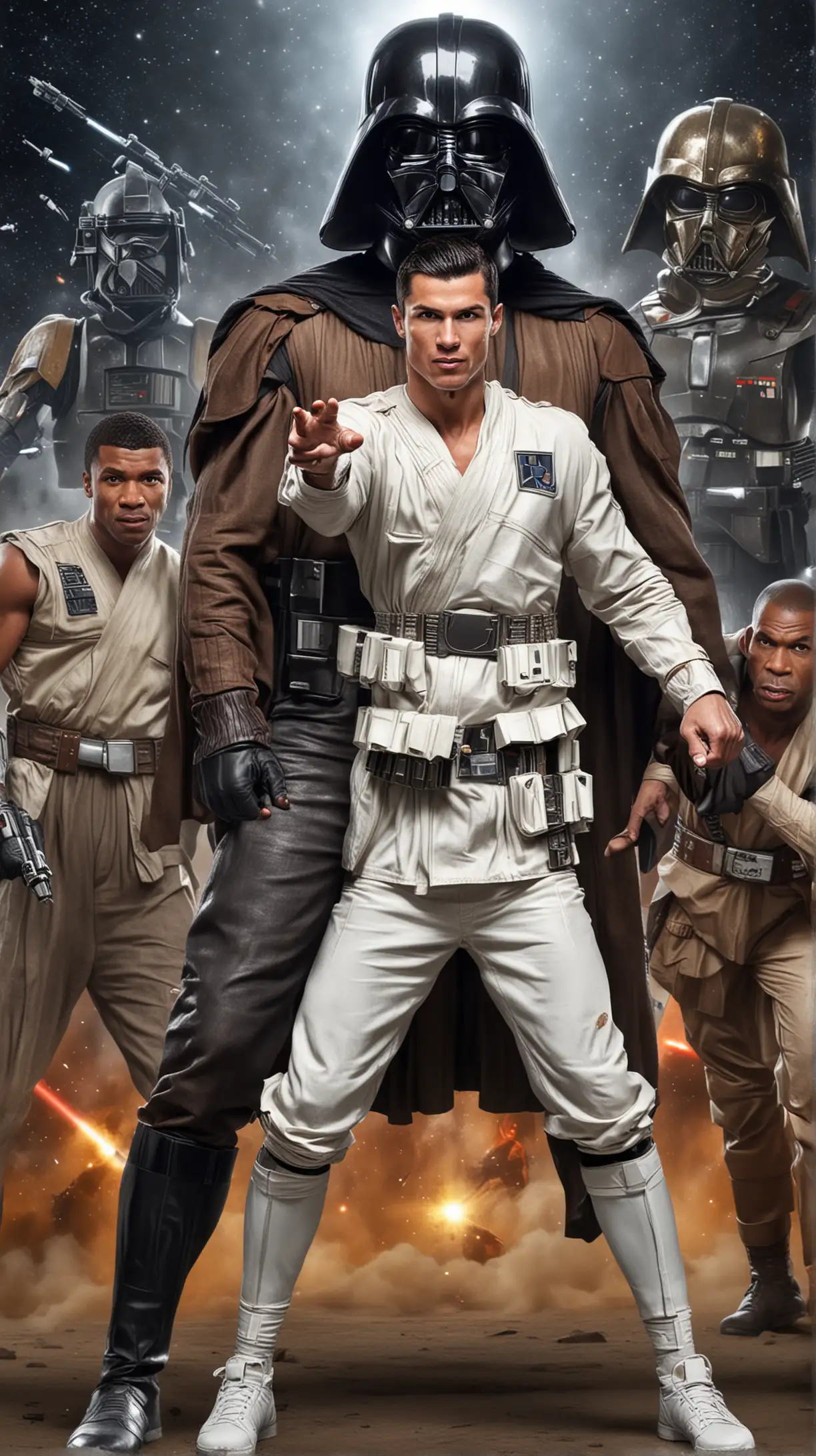 Cristiano Ronaldo as star wars character fights with Mike Tyson, star wars background 