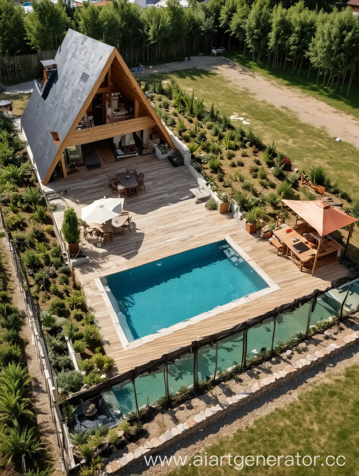 Modern-Cozy-AFrame-House-with-Pool-Barbecue-Area-and-Gazebo-on-6Soke-Plot
