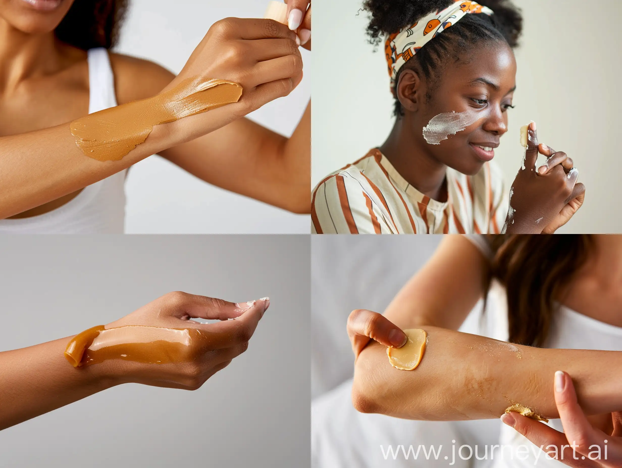 A woman applying gum arabic on her forearm