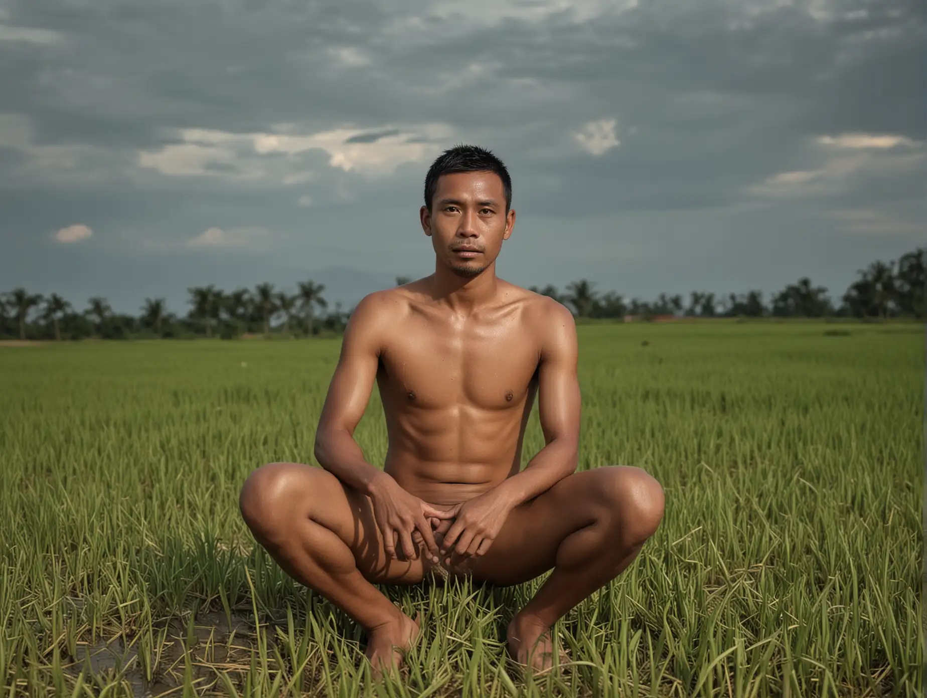 Indonesian Man Sitting in Rice Field with Natural Setting | AI Image  Generator