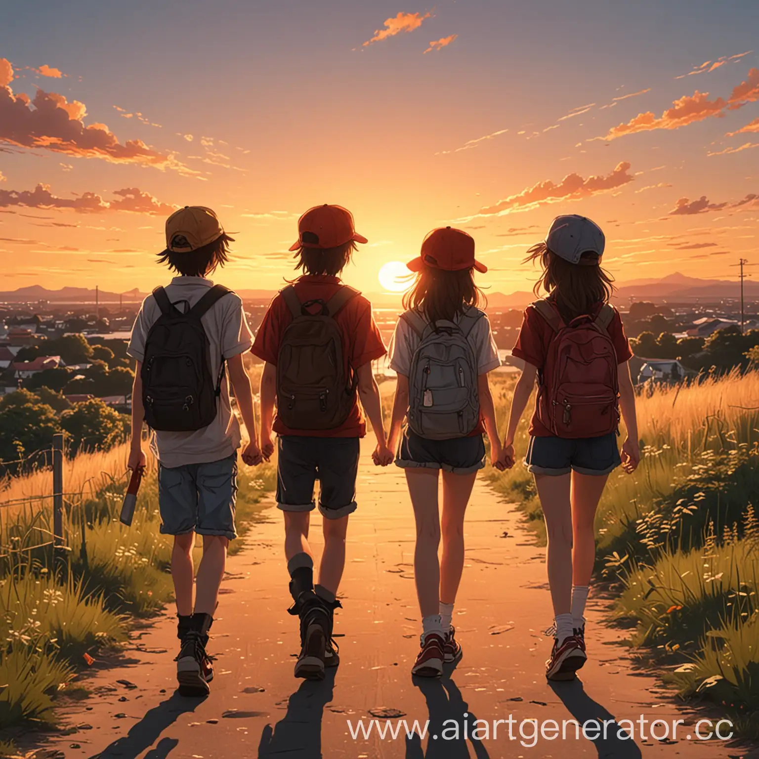 A group of friends,boys and two girls, they are wearing caps, walking with their backs to the sunset, anime style
