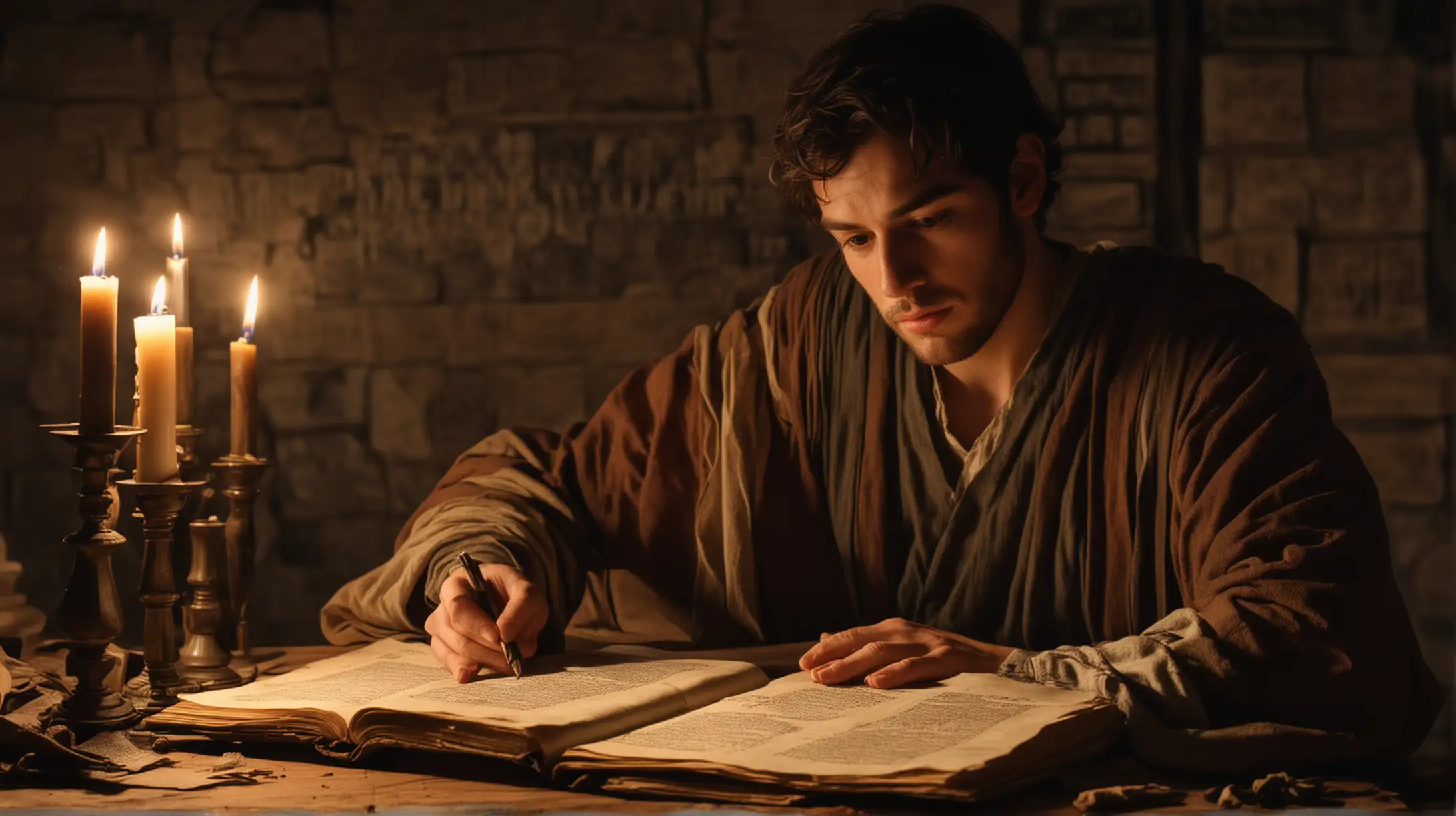 a closeup of Ezra from the Bible, Sitting at a wooden table by candlelight, working on some old manuscripts,