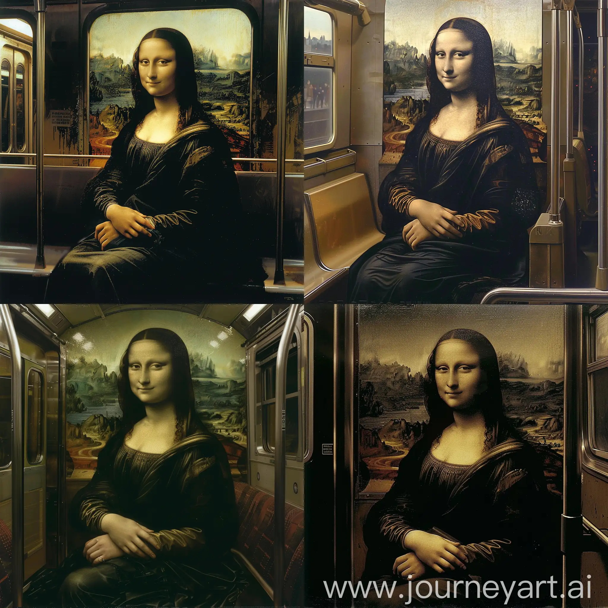 Freed from the walls of the Louvre, the Mona Lisa in the subway. Sitting elegantly. An enigmatic smile flashes.. The appearance of the Mona Lisa, which seems to travel through time, stimulates the imagination. It allows for various interpretations. --ar 4:5