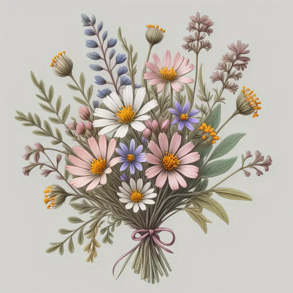 Intricate details, image of a small wildflower bouquet, in pastel drawing style, on a blank background