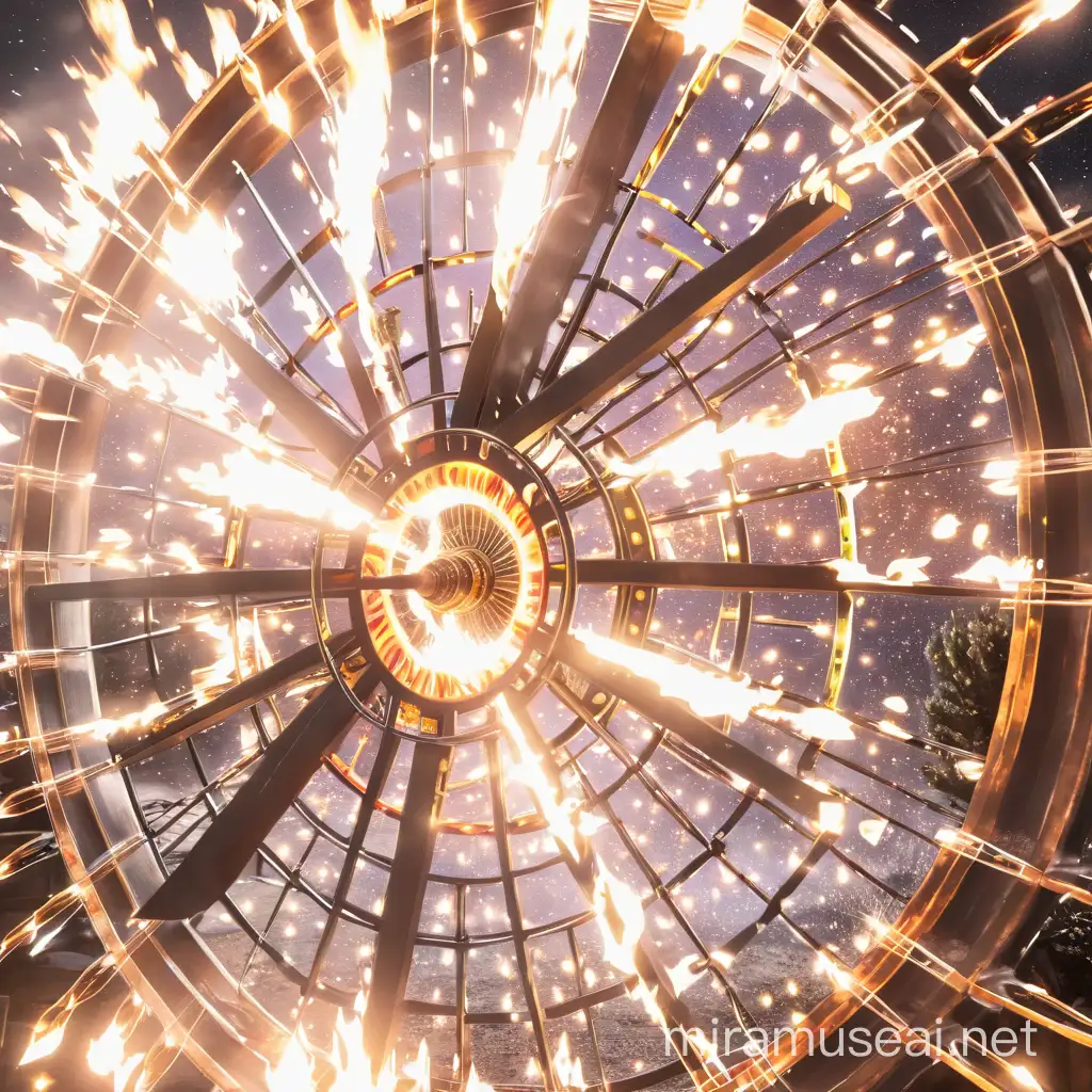 This magical wheel sets the universe in motion as it rotates. a bright fire in the center of the wheel's spokes illuminates the cosmos