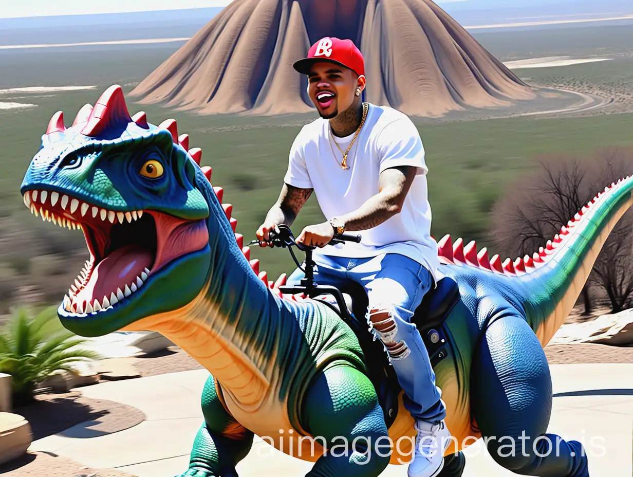 chris brown rides untop a dinosaur location outside