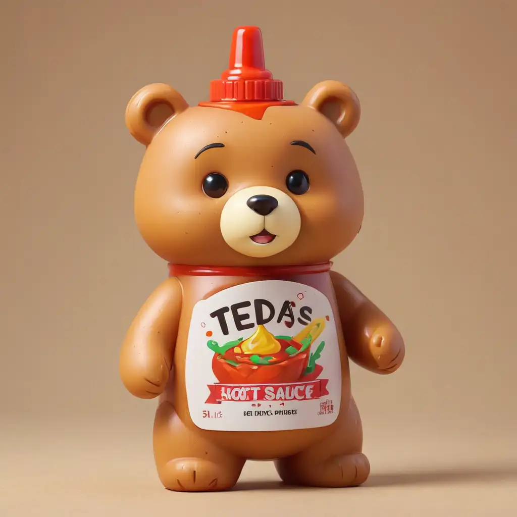 create a kawaii style plastic toy looks like the tingly teds hot sauce bear
